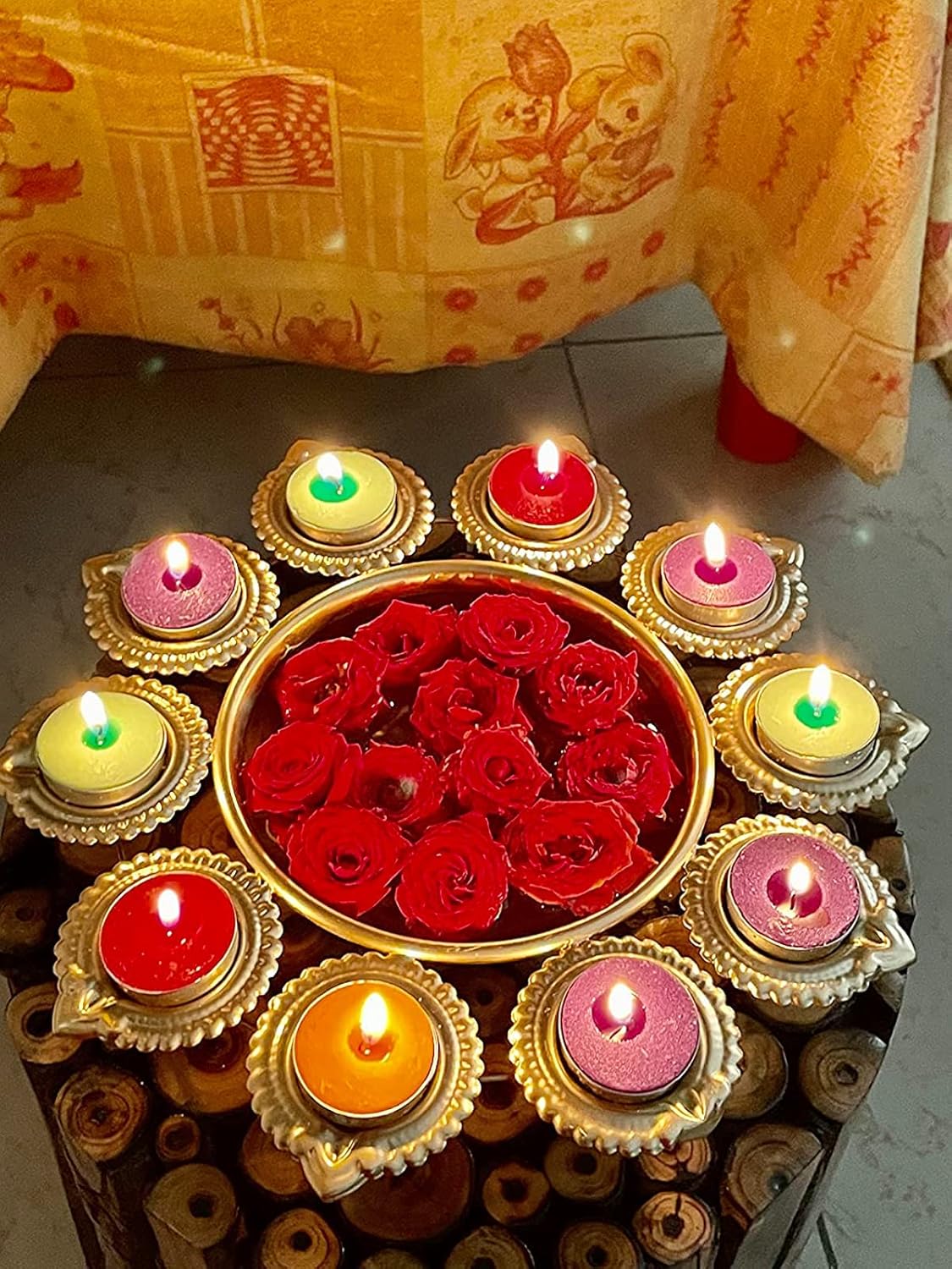 R Ayurveda Copper Decorative Metal Diya Traditional Diya Urli Tealight Holder Golden Bowl for Floating Flowers and Tea Light Candles Home,Office and Table Decor Special