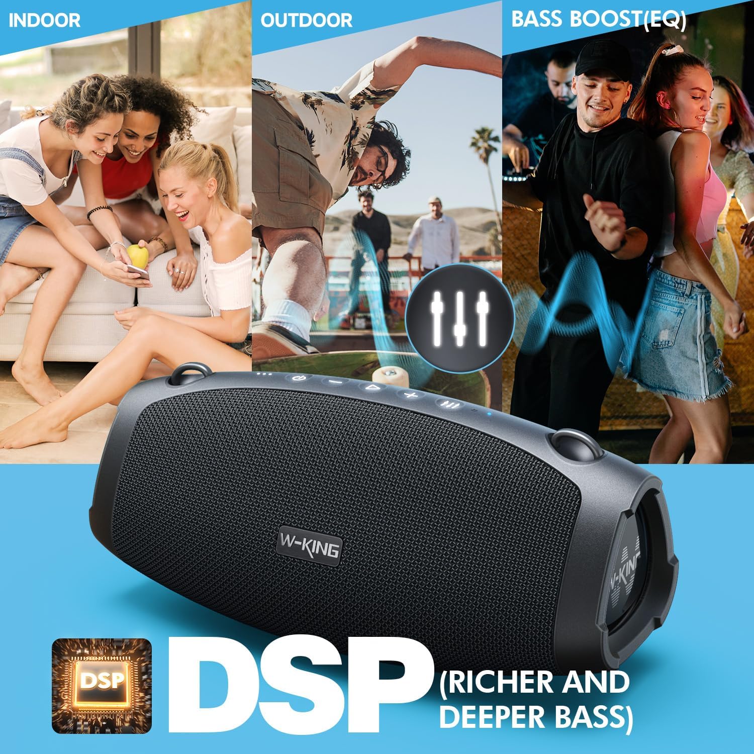 W-King Bluetooth Lautsprecher Groß, 120W Peak Musikbox Bluetooth Box Lautsprecher Wasserdicht IPX6 Stereo Outdoor Party Boom Box, DREI Passive Radiatorens-Super Bass/DSP/2 Woofer/42H/TF/AUX/EQ/Öffner
