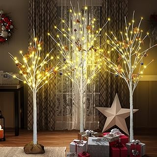 AWQM 4 Feet 5 Feet and 6 Feet Lighted Cherry Blossom Tree, Pack of 3, 200 LED Lights 24 Maple Leaves 24 Balls, for Home, Festival, Party, and Christmas Decoration, Indoor and Outdoor Use, Warm White