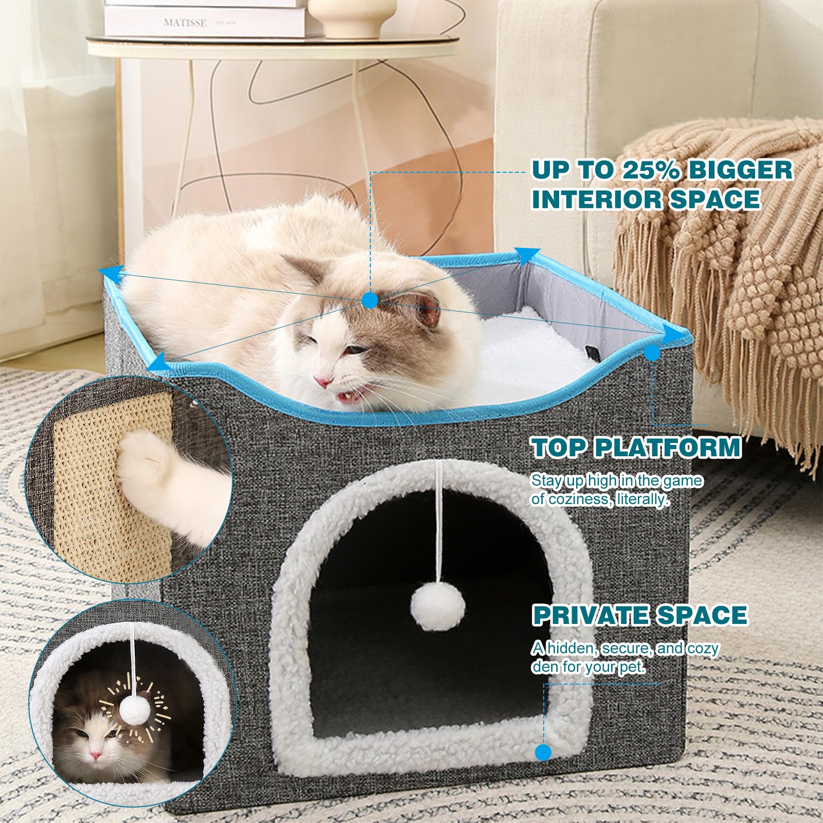 PETCUTE Cuccia Pieghevole per Gatti,Cuccia Gatto Chiusa Interno con Pannello Tiragraffi e Pallina,Casetta per Gatti con Cuscino Rimovibile e Lavabile,Cuccia per Gatti e Cani di Piccola Taglia