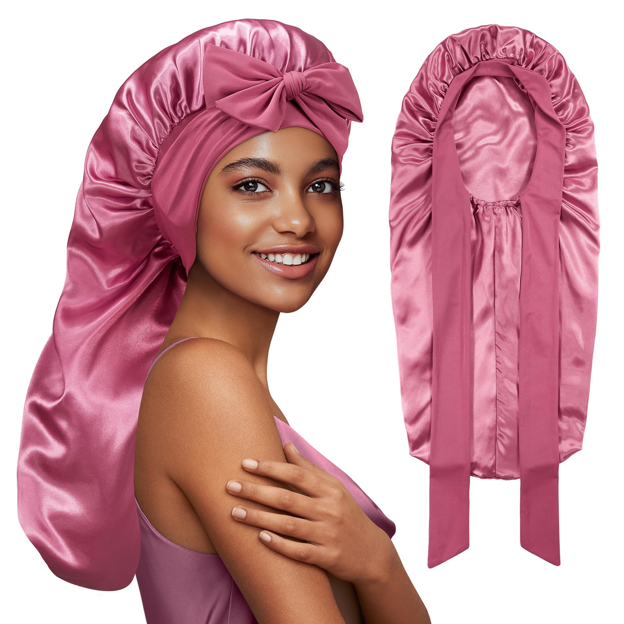 PHILIGHTS Long Satin Bonnet with Tie Band, Reversible Silk Hair Bonnet for Sleeping Women with Curly or Braided Hair
