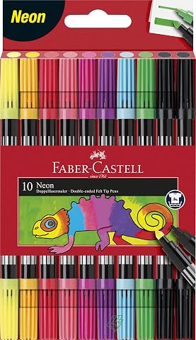 Faber-Castell Çift Uçlu Neon Keçeli Kalem, 10 Renk, İnce ve Kalın Uçlu, Dayanıklı Parlak Renkler, Su Bazlı Mürekkep