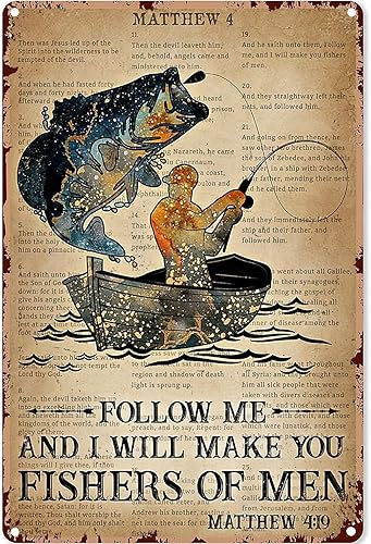 UOAIUDT Póster de metal vintage de pesca con texto en inglés Follow Me And I Will Make You Fishers Of Men, placa de metal retro, decoración de