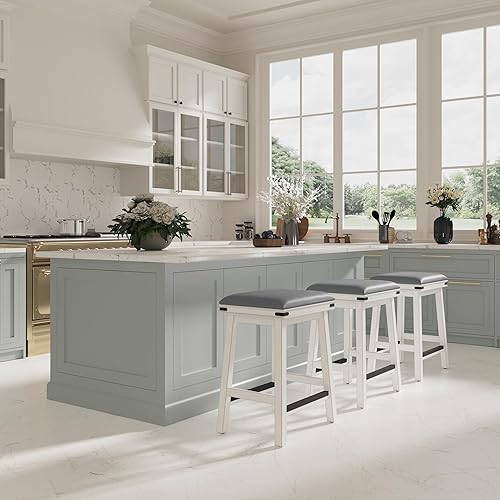 Miniatura 31 de DTY Indoor Living Cortez Taburete de cuero regenerado, acabado blanco, altura de mostrador de 24 pulgadas, asiento de cuero negro Acabado blanco