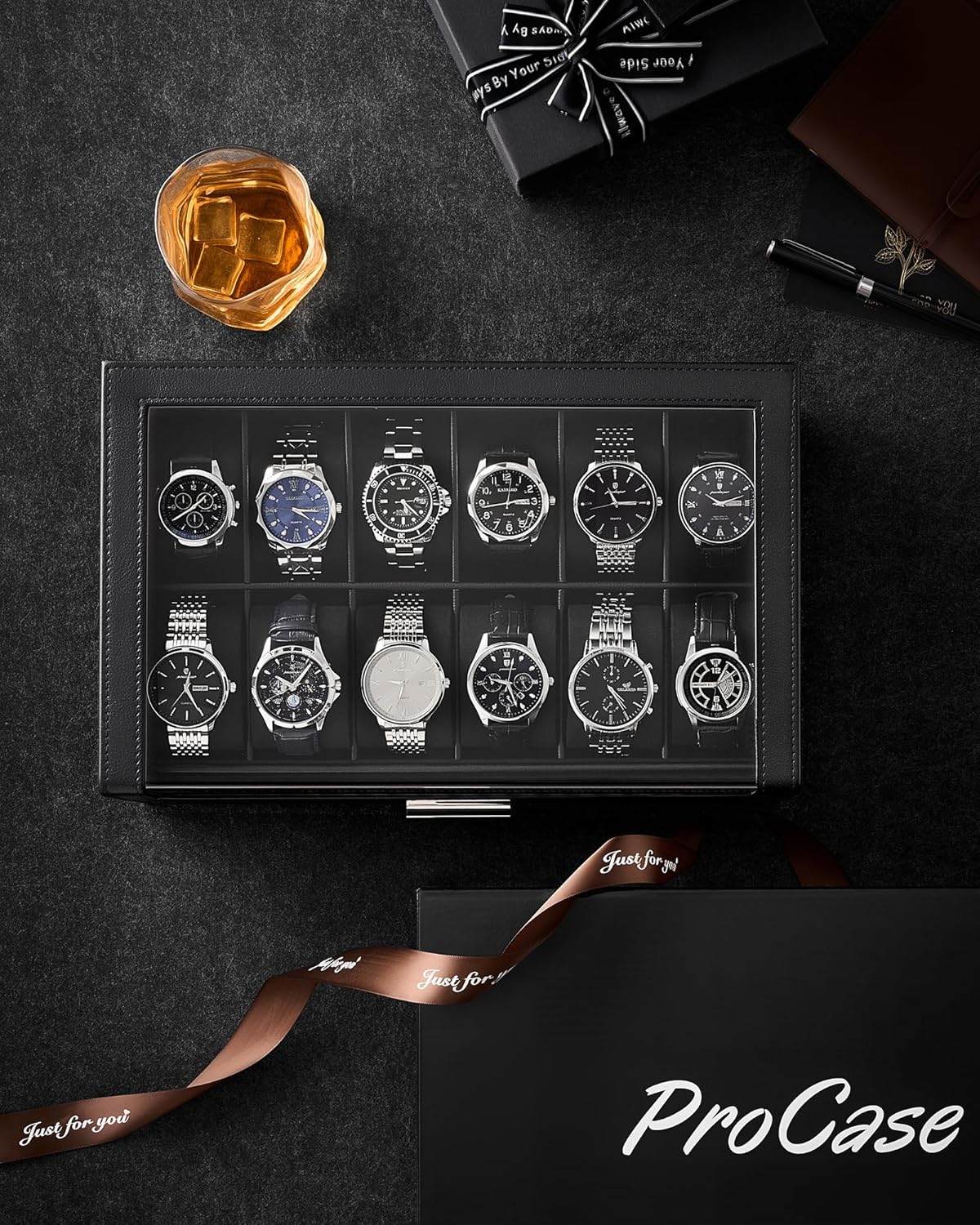 ProCase Watch Box for Men, 12 Slots Watch Display Holder with Clear Acrylic Top, Large Capacity PU Leather Case with Drawer Organizer, Jewelry Storage, Ideal Gift for Men Women -Black