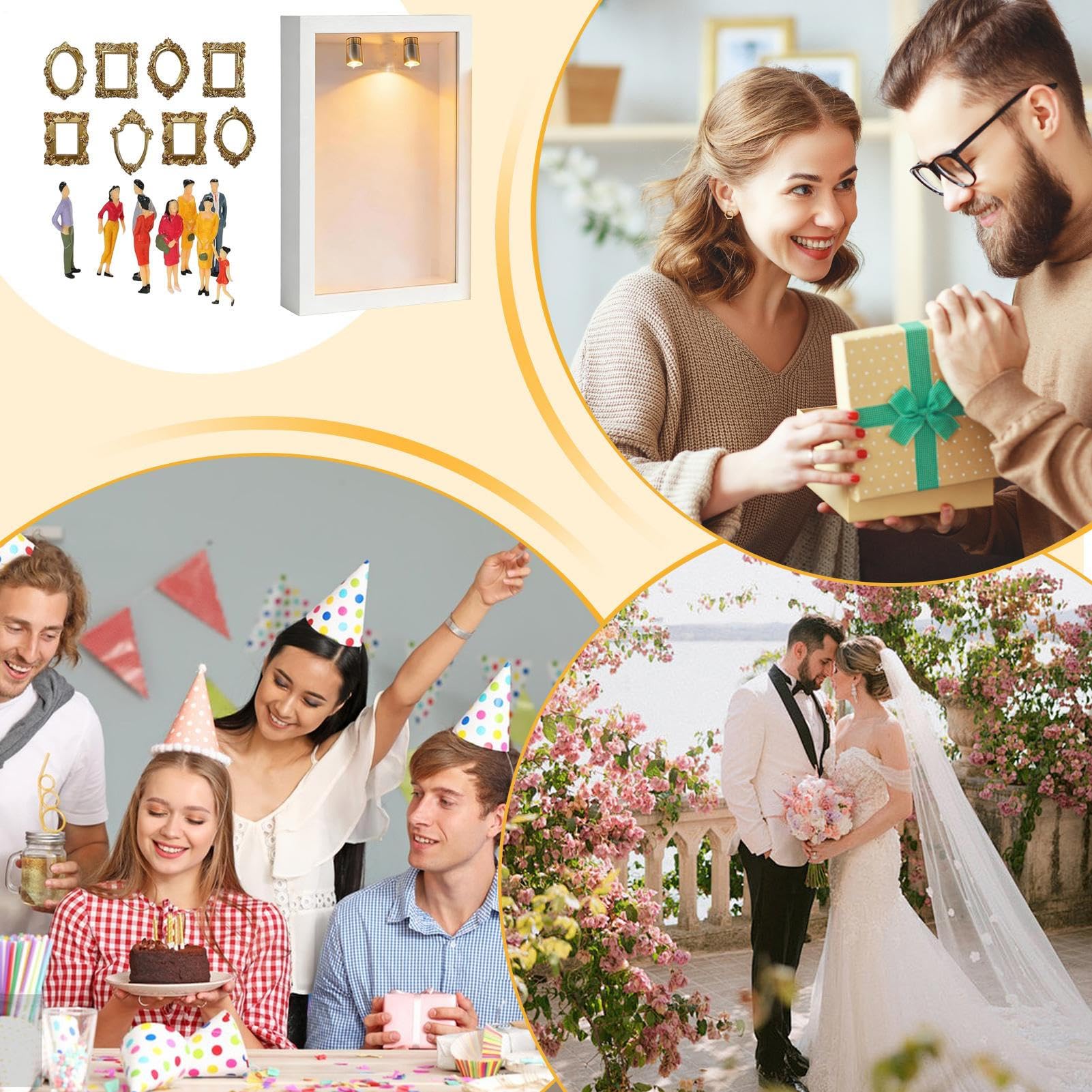Museum Of Us Mini Museo Cornice Fai Da Te Con 8 Statuine, Scatola Display 3D | Miniatura In Legno Con LED Bianco Caldo, Cornice Shadow Box Per Matrimonio Anniversario Compleanni Decorazione Casa