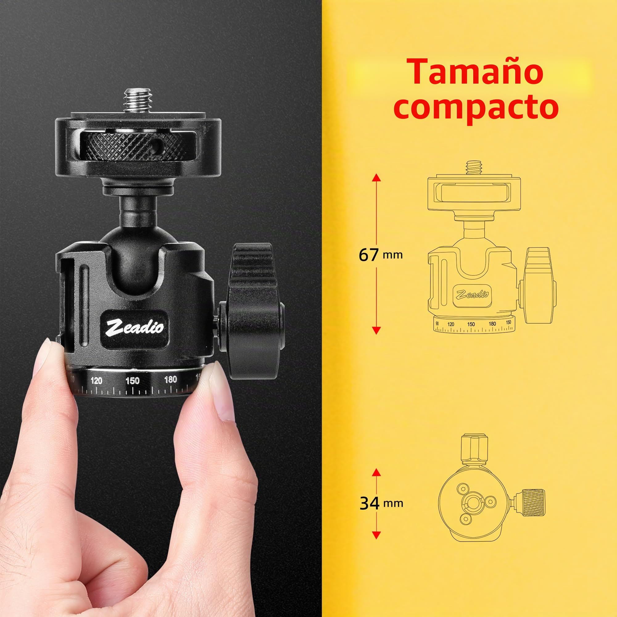 Zeadio Mini Rótula de Bola Totalmente Metálica y Panorámica 360°, con Zapata Fría y Tornillo de 1/4", Rótula Compacta para Trípode, Monopie, Cámara DSLR, Vlogging, Transmisión en Vivo y más