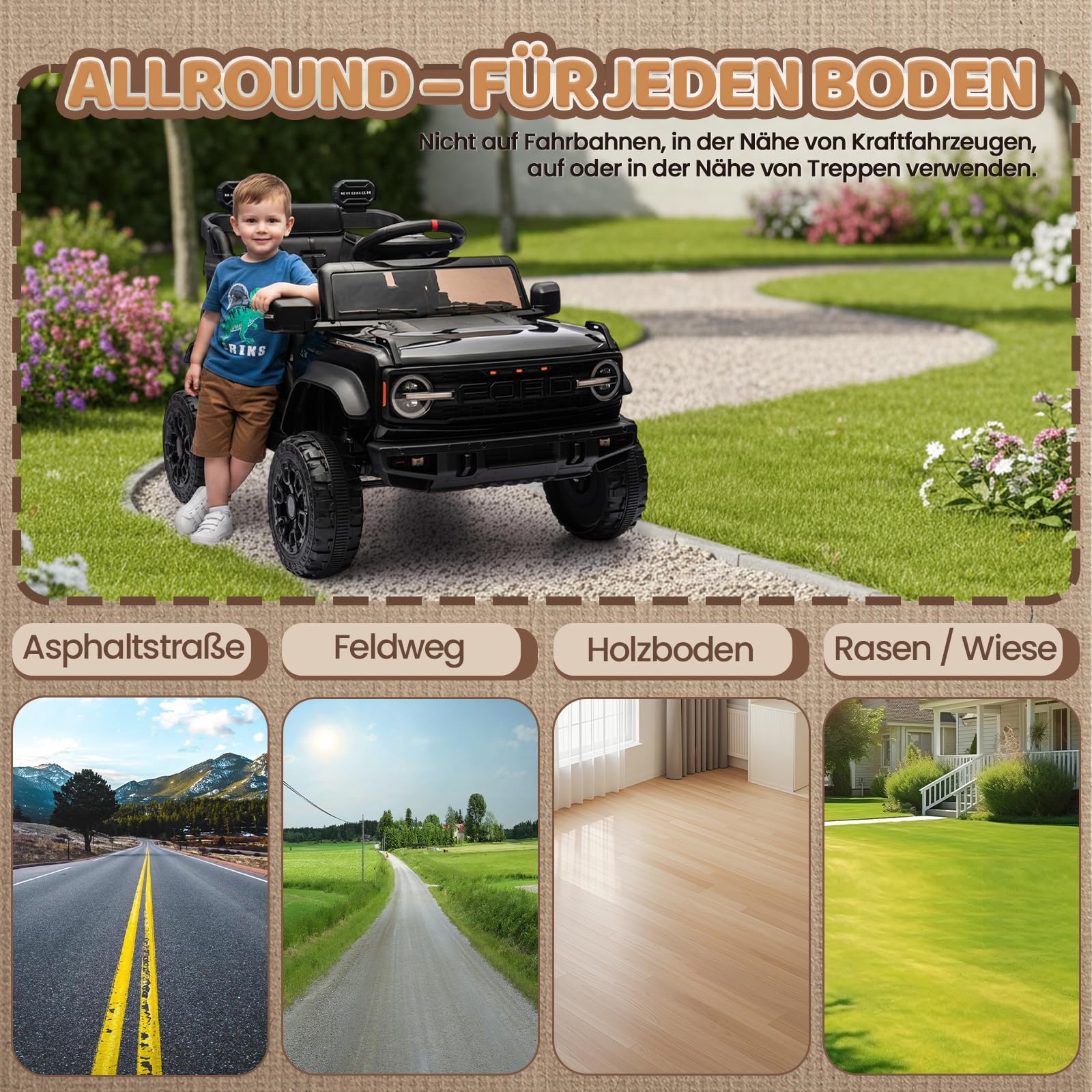 Bonnlo Ferngesteuertes Auto Ford Bronco Raptor, Elektrofahrzeug ab 3 Jahren, Kinder Elektroauto mit Fernbedienung, 2 x 25W Motoren, Zwei Fahrmodi, Auto Spielzeug, 1 Sitzer, Schwarz