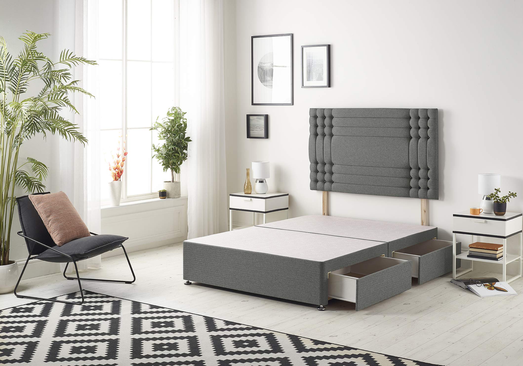 Bed Centre Flexby Divan Bed Base With 2 Drawers And Headboard Available in 3ft, 4ft, 4ft6, 5ft, 6ft, Fabric (Charcoal Linen Fabric, 3FT Single)