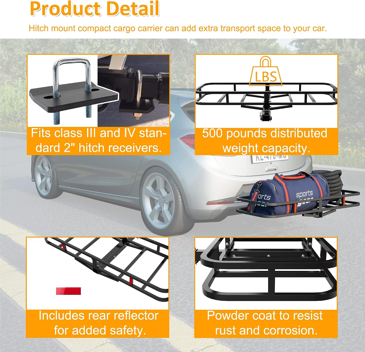 Steel Hitch Cargo Carrier, 51" x 17.6" x 5" Car, Trailer Hitch Mount Basket for RV Truck SUV Vans Fits Class Ill and IV 2" Hitch Receivers, 500-lb Load Capacity