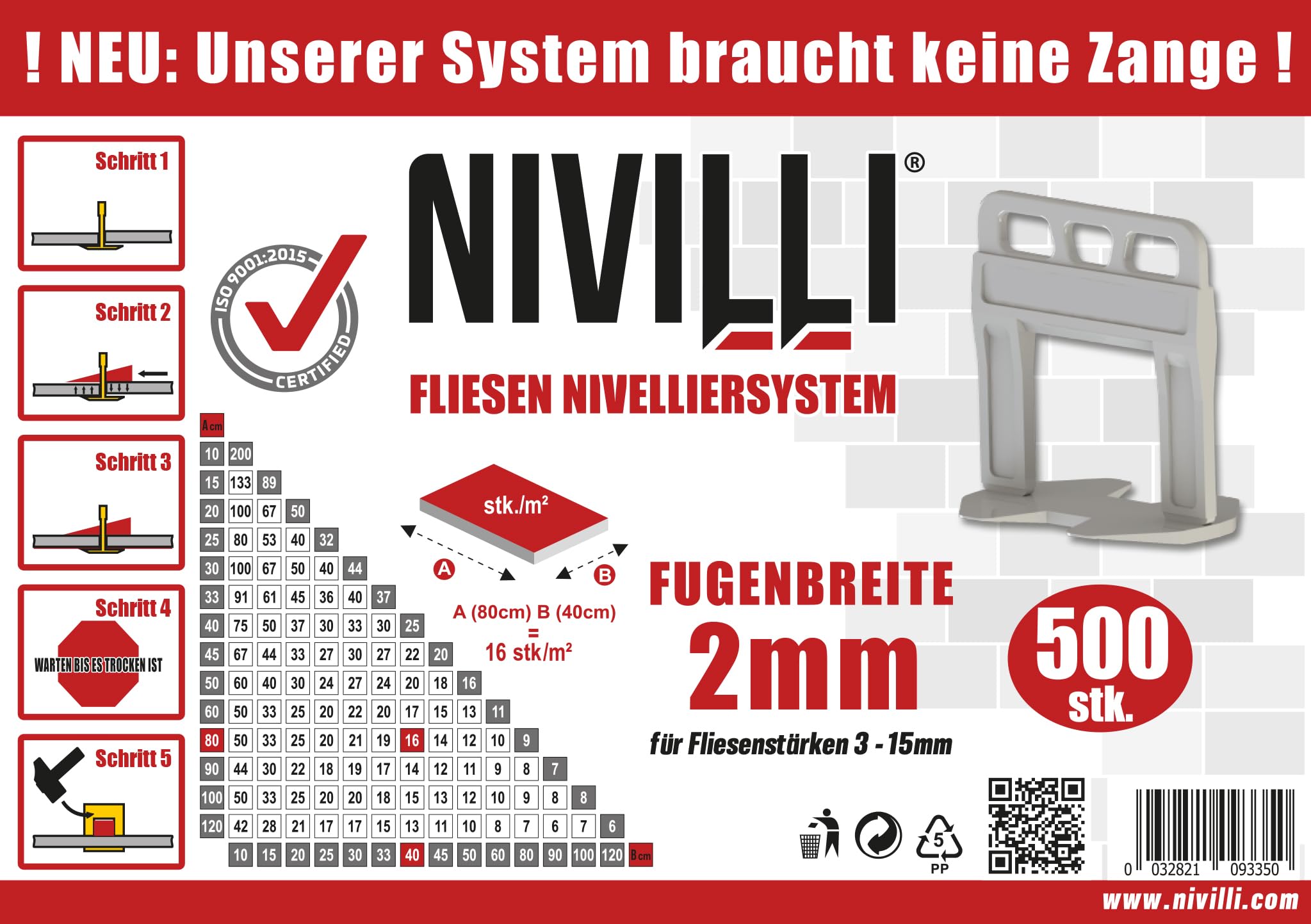 Keily - 500 languettes - 2,0 mm. Keily est un système de nivellement technique de haute qualité. Le meilleur pour un prix avantageux ! Largeur de joint 2 mm
