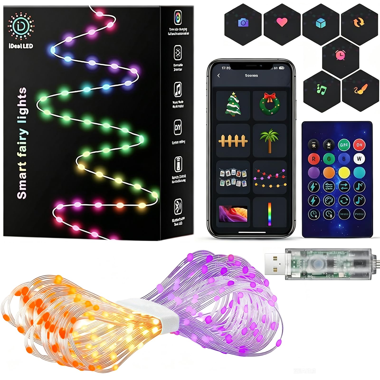 Super RGB Smart Fairy String Lights, 33Ft Usb DIY Twinkle Lights w/Remote & App Controlled, music sync,12 Modes, Multicolor & Warm White for Bedroom, Christmas, Parties,Wedding,Centerpiece, Decoration