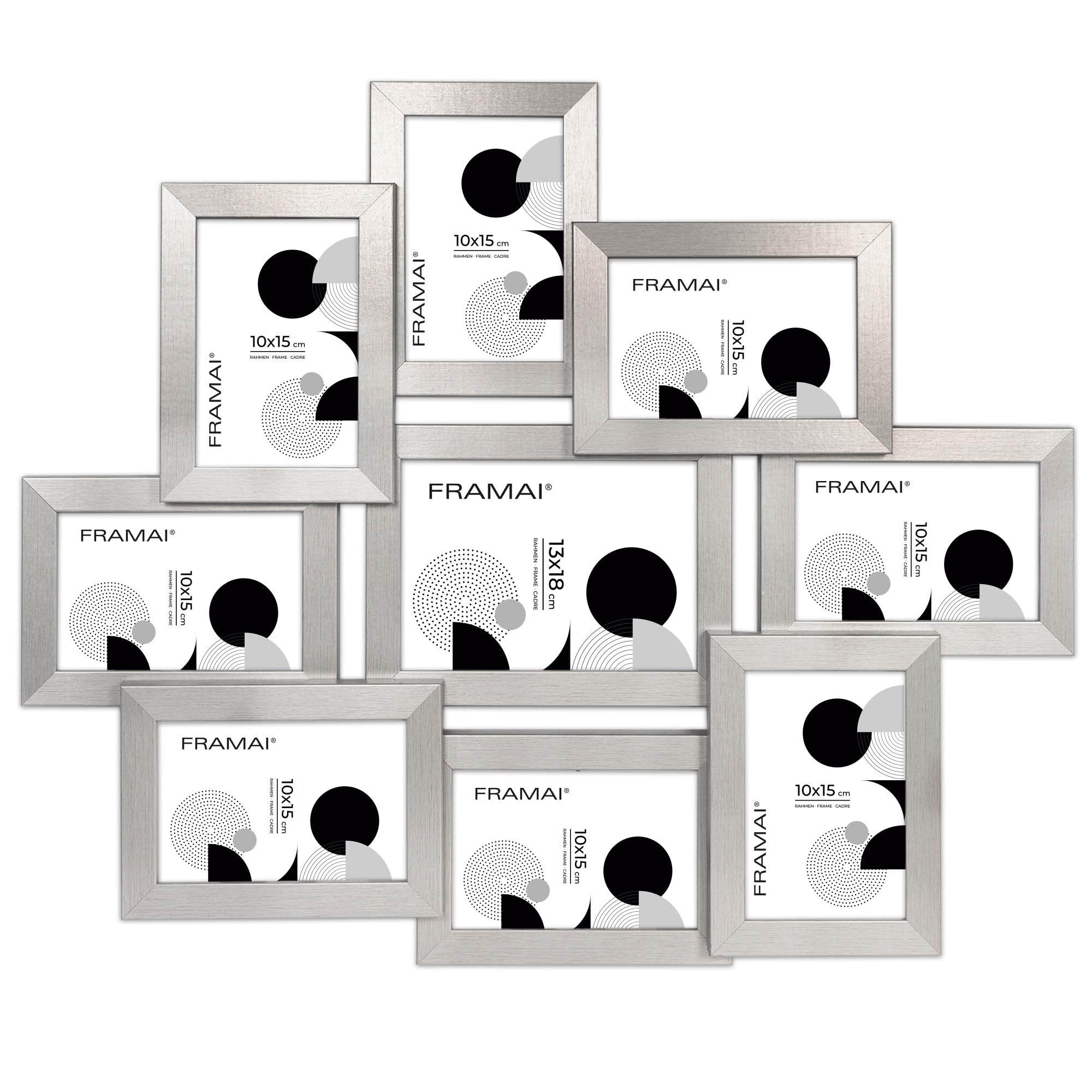 Multirahmen für 9 Fotos – Bilderrahmen Collage aus MDF Holz mit bruchsicherem Plexi – Modern & vielseitig – Hergestellt in der EU – Silber