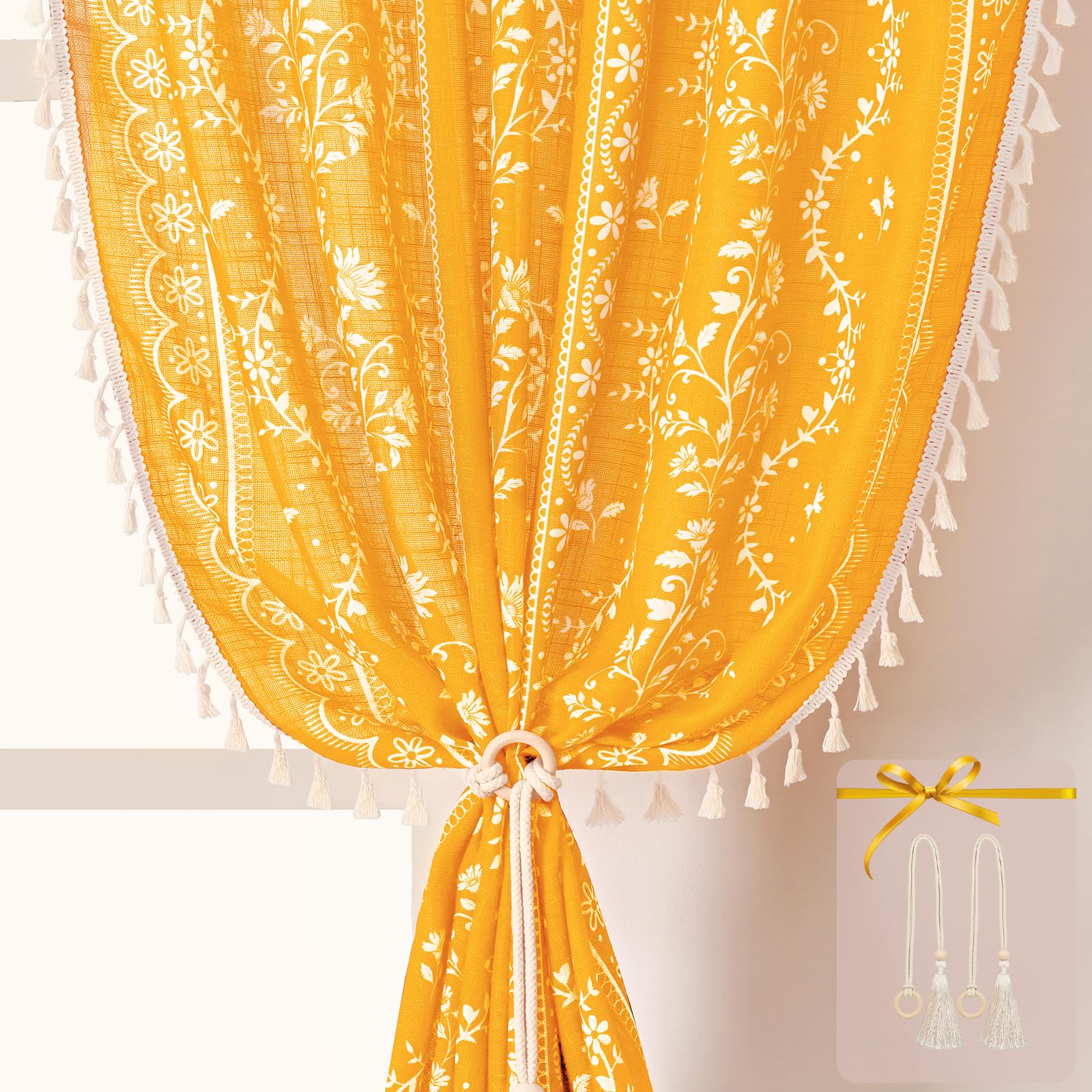 Yinhua Boho Curtains for Living Room 63 Inch Length Vintage Linen Yellow Curtains for Bedroom Light Filtering Floral Window Curtain Rod Pocket &amp; Back Tabs Farmhouse Rustic Tassel Drapes with Tiebacks