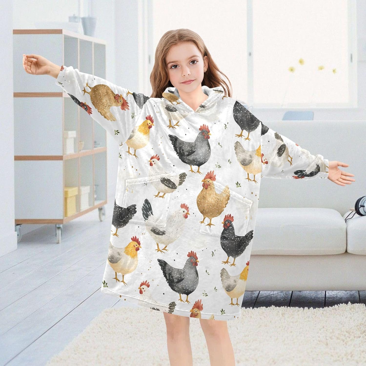 Cock Rooster Kids Wearable Blanket Hoodie with Pocket and Sleeves for Toddlers, Cute Hoodies Girls Boys B0403778