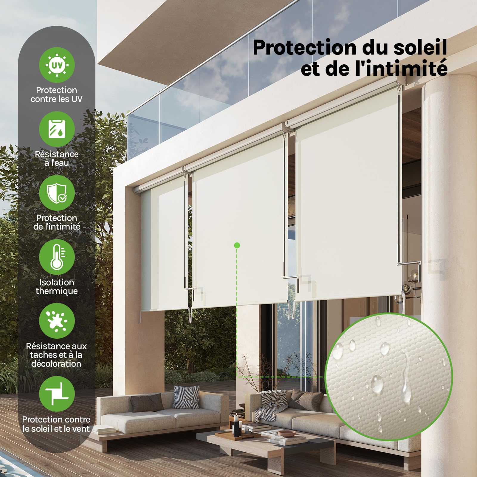 WOLTU Store Enrouleur de Balcon Auvent Vertical 140x240 cm, Beige | Store enrouleur occultant à manivelle avec coffre, anti-vent et occultant visuel, adapté pour balcon et terrasse