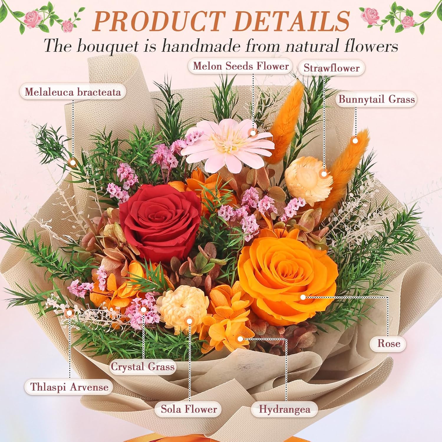 Bloom's Diary Preserved Flowers Bouquet, Flowers for Delivery Prime, Birthday Gifts for Women, Wife, Mother, Her (Orange) - Image 5