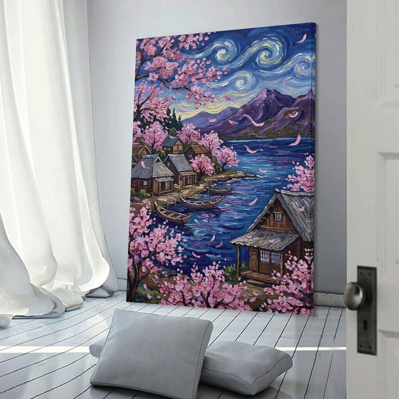 Junmoney Cherry Blossom Village by The Lake Room Decor Wall Art, 24x36inch(60x90cm), for Office, Study Or Home Workspace, Decorative Artwork for Productive Spaces