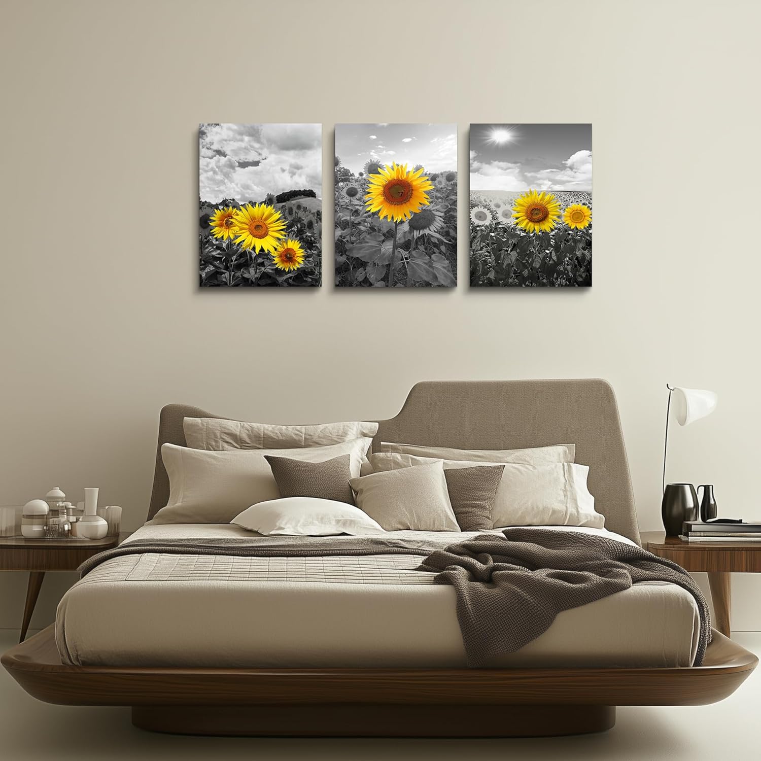 Canvas Wall Art - Family Wall Decor, Kitchen & Bedroom - Black & White Pastoral Scenery - Sunflower Flowers - 16x12, 3 Piece