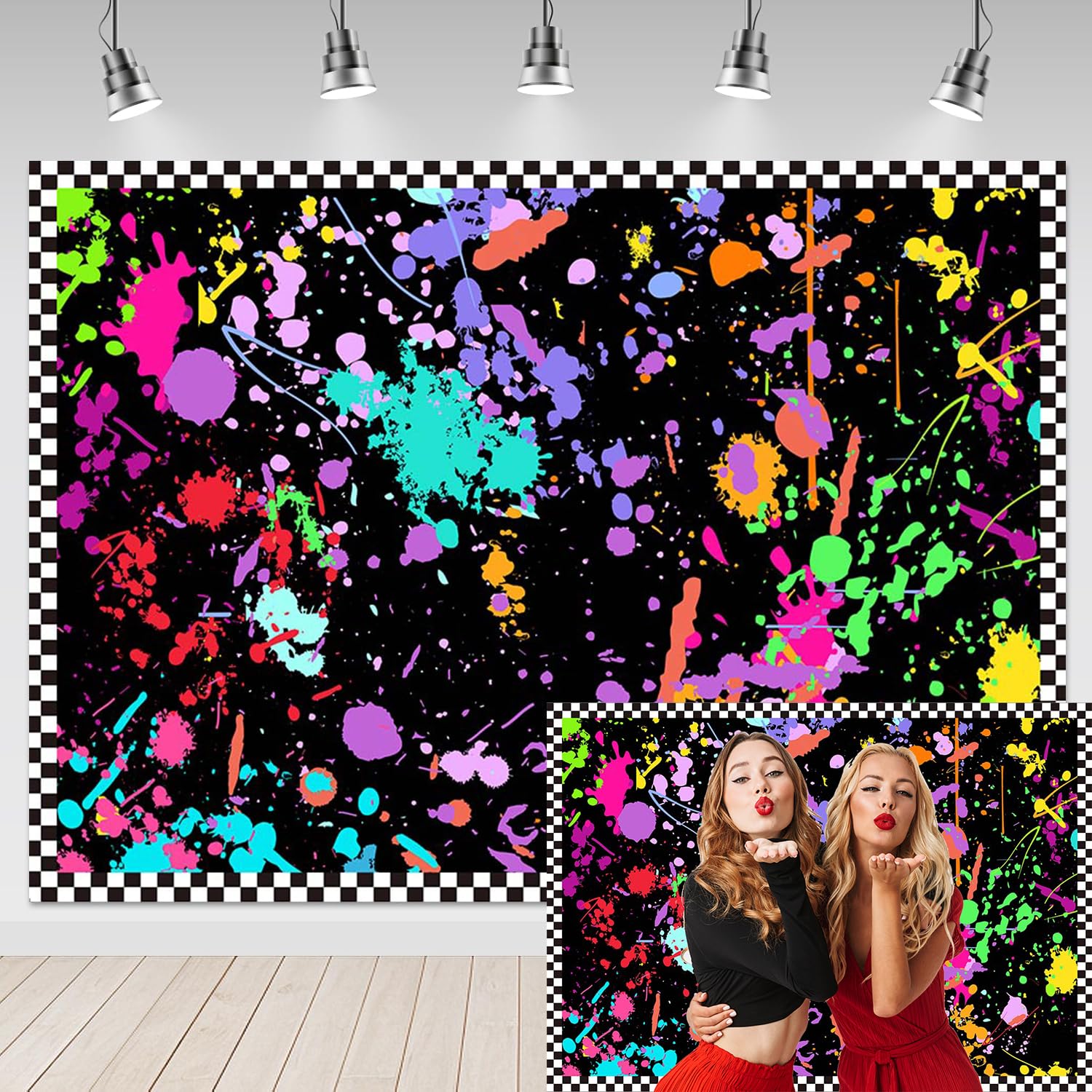 Mocsicka Neon Backdrop 7x5ft Glow in The Dark Birthday Graffiti Paint Colorful Splatter Neon Party Decorations Slime Glowing Party Supplies