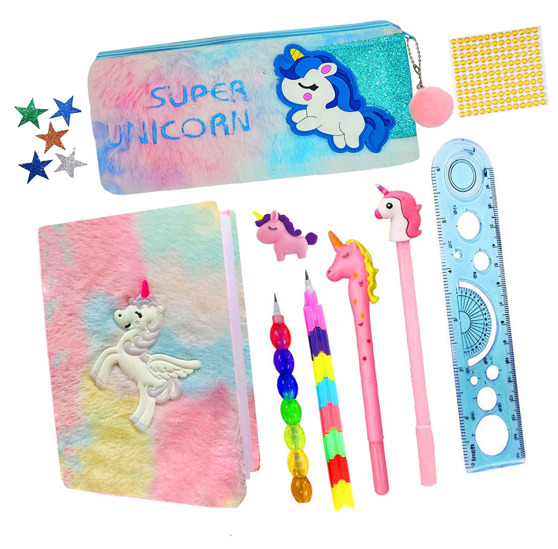 KOBBET® 10pcs Unicorn Stationery Return Gift Set for Girls, Unicorn Fur Pouch Pencil Case with Unicorn Fur Diary Glitter Star Pen Pencil Eraser Scale Party Return Gift Set for Girls (A5 Dairy) (B0C5JBZVXD) Amazon Price History, Amazon Price Tracker