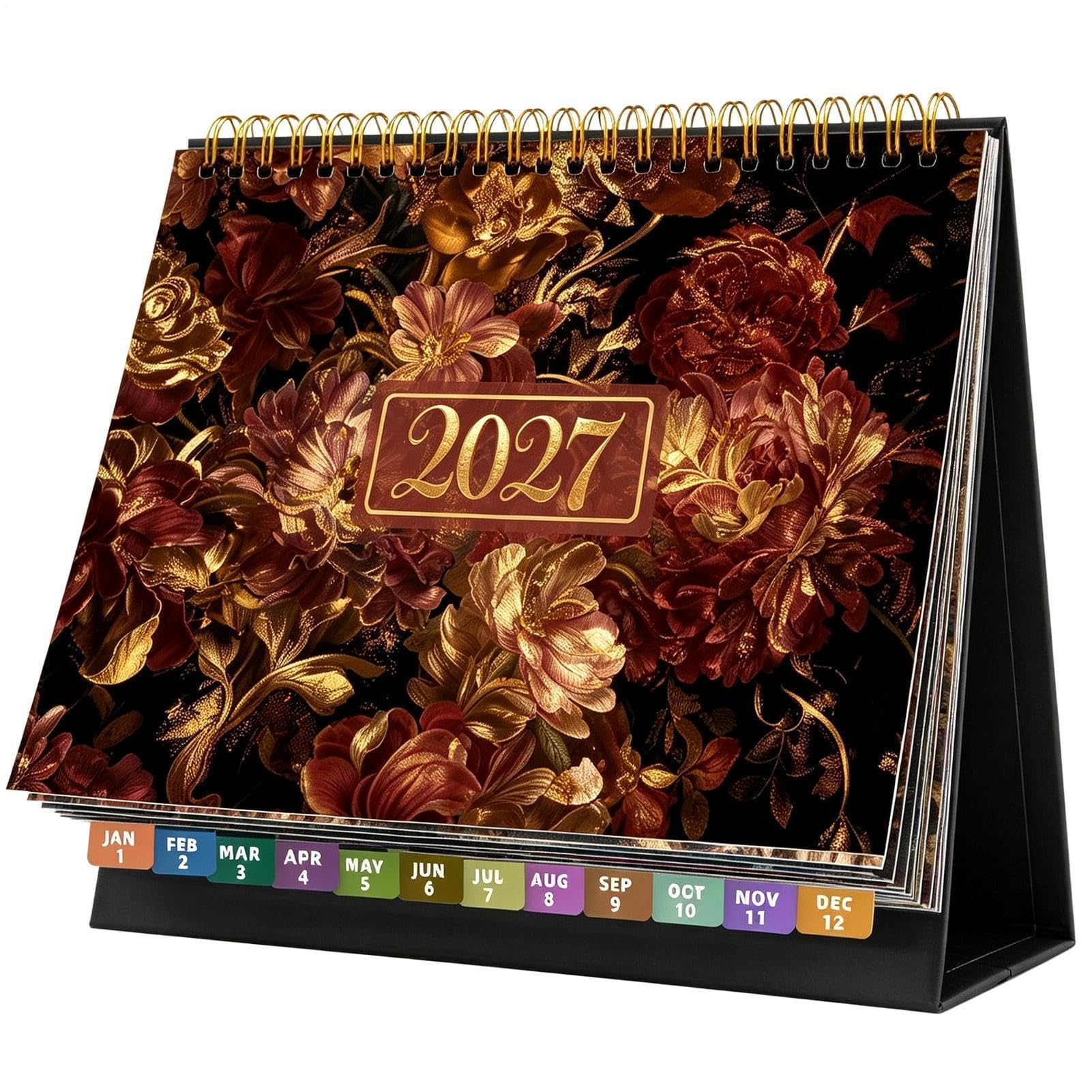 2027 Desk Calendar with Tabs and Stickers, Standing Desktop Calendar 2027