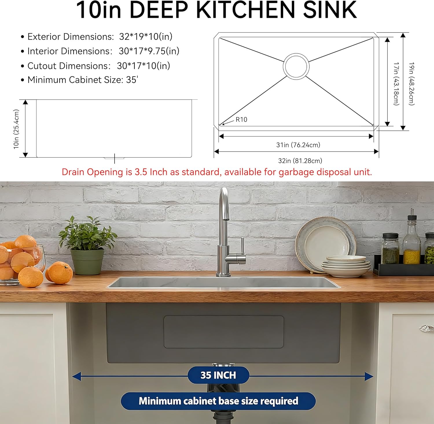 32x19x10 Inch Undermount Kitchen Sink, Top Mount SUS304 Stainless Steel 16 Gauge Single Bowl, with Brushed Finish hides scratches Handmade Drop in Workstation Prep Kitchen Sinks