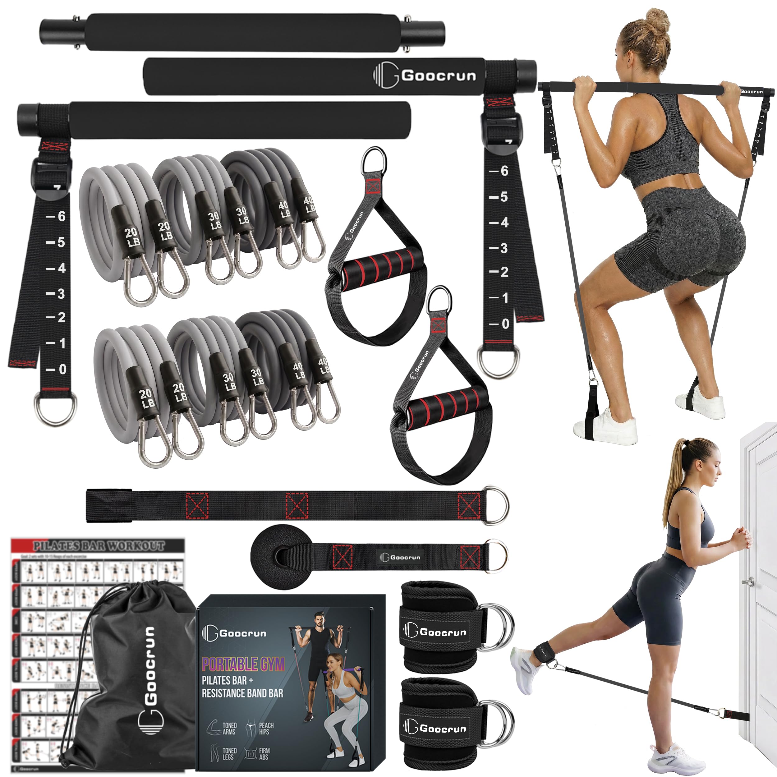 Goocrun Portable Pilates Bar Kit, Resistance Band Set with Handles. Home Gym with Door Anchor and Extension Strap. Supports Full-Body Workouts - with Fitness Posters and Videos