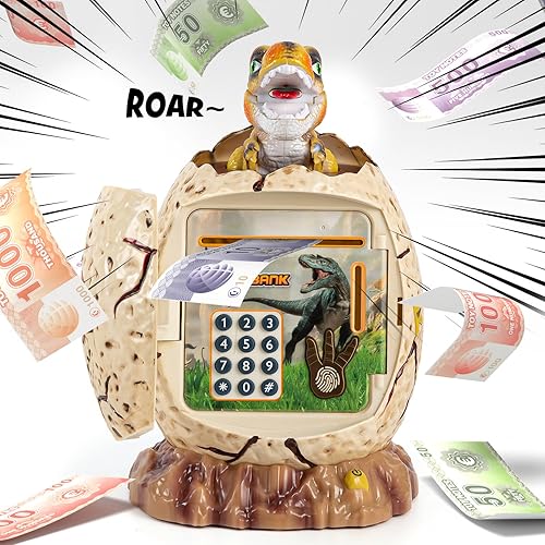 Miniatura 6 de G.C Alcancías de cajero automático para niños y niños, banco electrónico de monedas de dinosaurio con código de contraseña huella digital, ahorro de