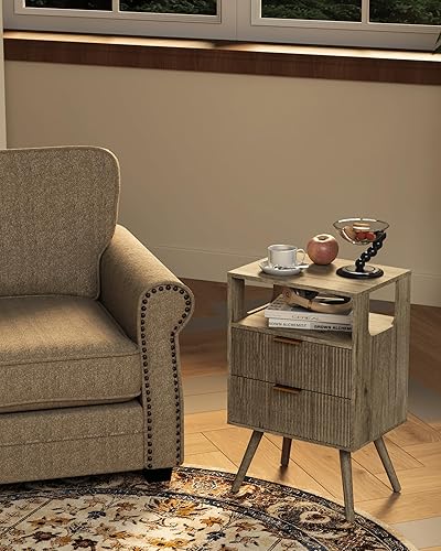 Miniatura 6 de Mesita de noche gris, moderna mesita de noche con 2 cajones de almacenamiento y estante de madera abierta, para dormitorio y espacios pequeños,