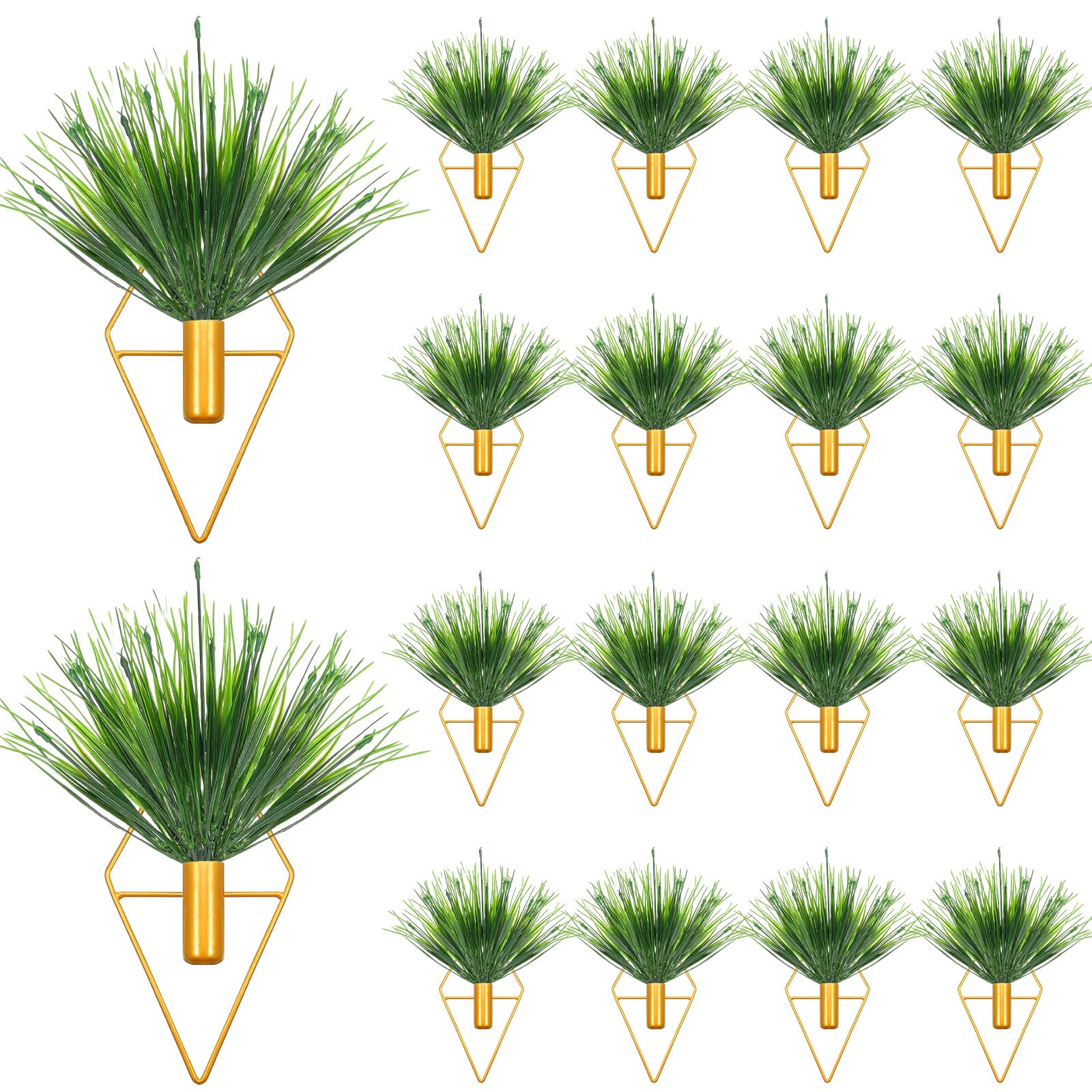 16 Pieces Gold Wall Decor Hanging Planters with Artificial Plants Wall Mounted Diamond Shape Metal Hanging Vase Modern Indoor Plants Holder Geometric Wall Decor for Living Room Home Office