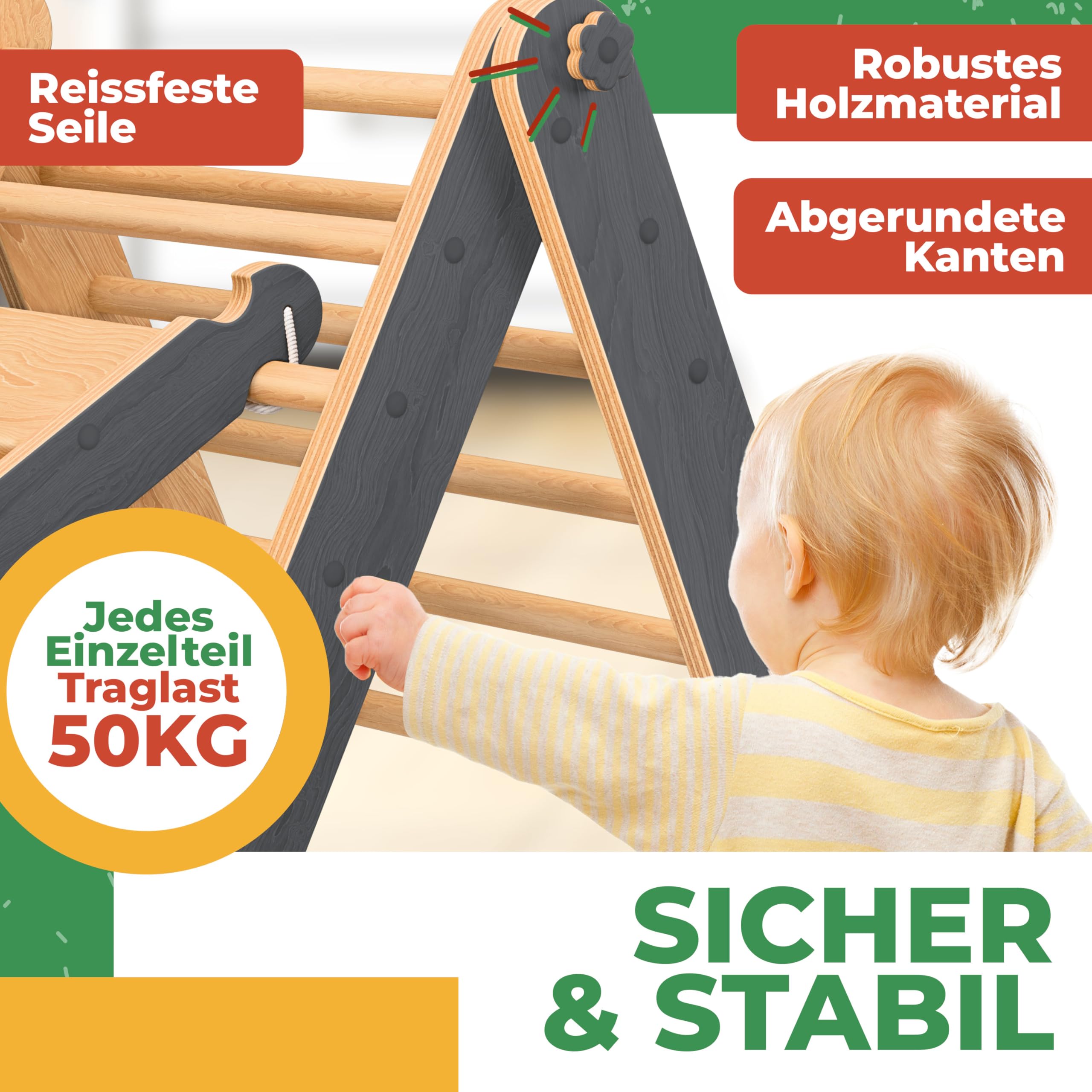 Kidiz® Klettergerüst Montessori 7in1 Spiel-Set mit Kletterbogen Rutsche Kletterdreieck aus Holz inklusive Kissen, Tafel & Lern-Uhr | Indoor Spielplatz für Kleinkinder ab 1 Jahr & Kinder bis 3 Jahre