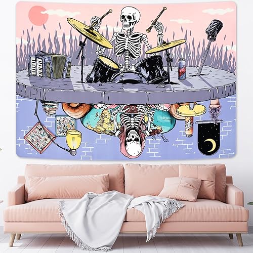 Krelymics Tapiz de calavera hippie, tapiz de música rock, tapiz de sol y luna, tapiz reflectante de espejo, divertido tapiz de esqueleto, tapiz disponible en Yaxa Colombia