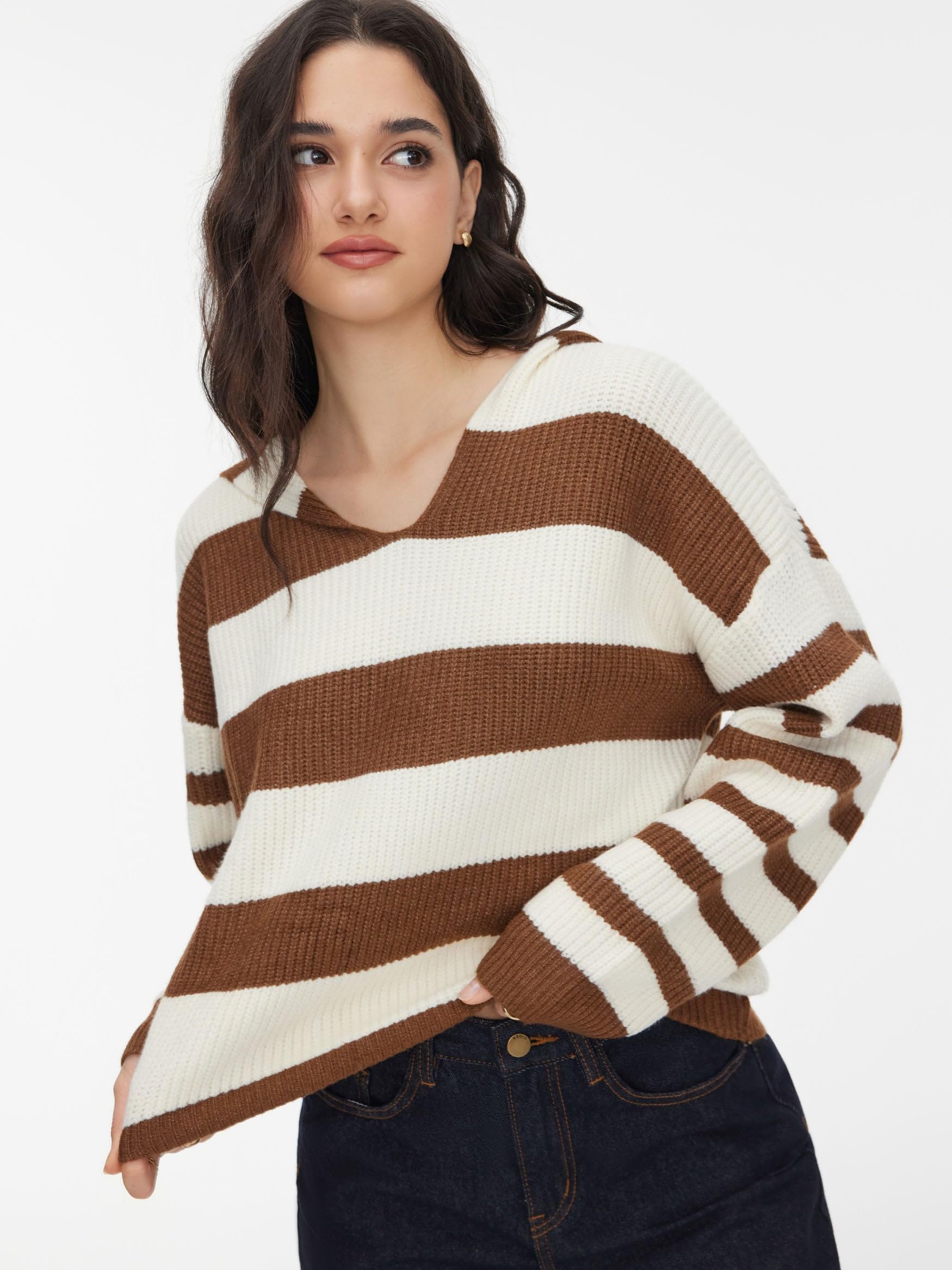 CIDER Gerippter Kapuzenpullover, gestreift, langärmelig, Strickoberteil