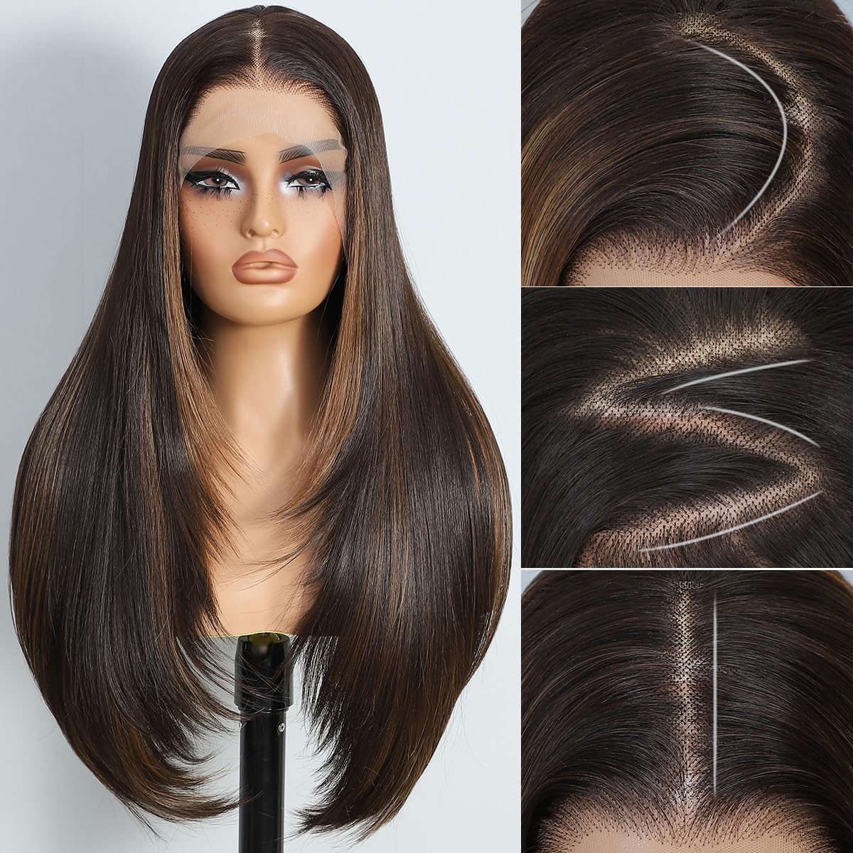 13x6 Synthetic Lace Front Wigs For Black Women Highlight Brown Mix Black Wigs 26 Inch Long Layered Straight Wigs For Women 100% Futura Premium Wigs With Bangs Beginner Friendly Daily Party Use