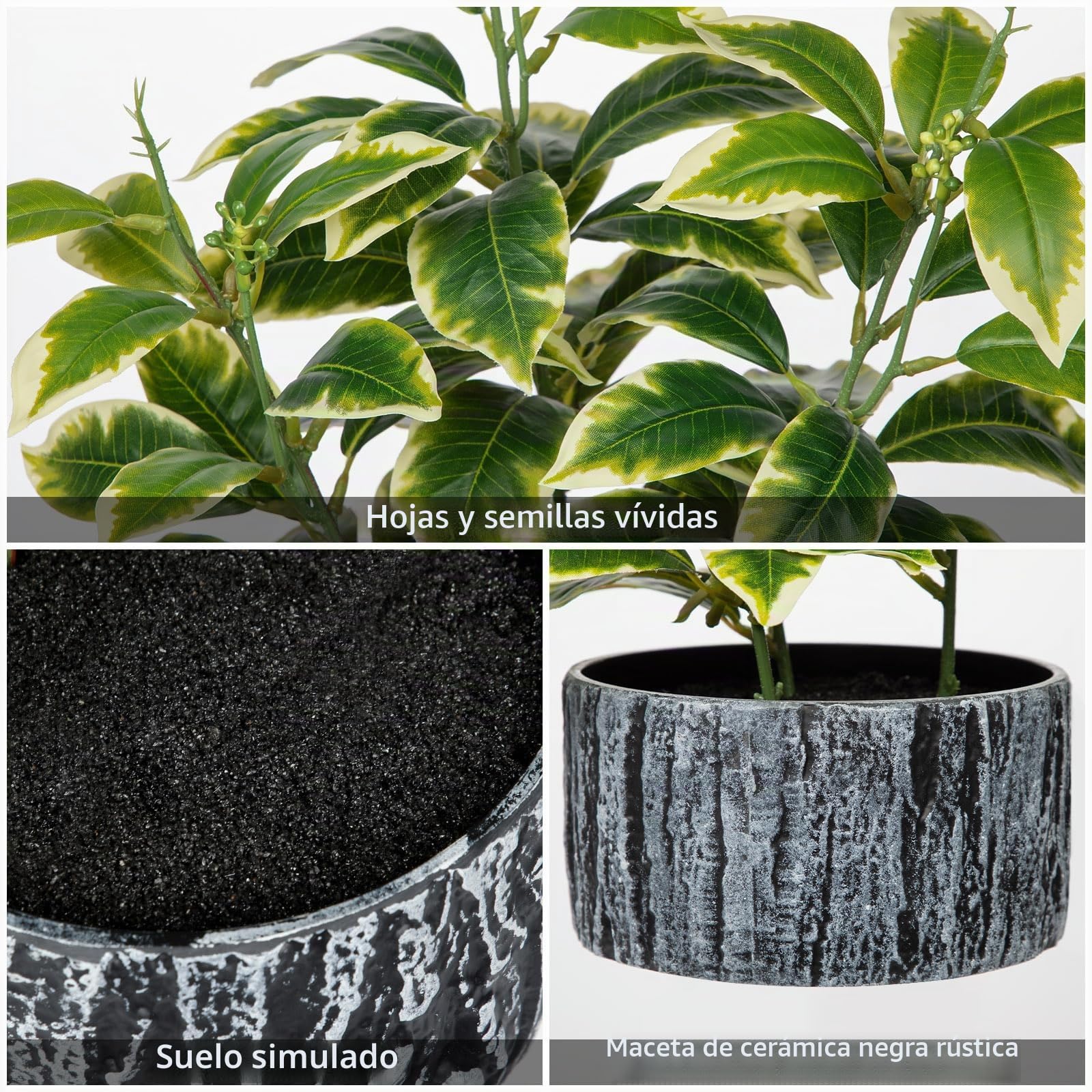 Plantas falsas de 14.5 pulgadas de alto en macetas, plantas artificiales de hojas con bordes blancos para interiores, plantas verdes sintéticas con macetas a rayas blancas y negras, vegetación
