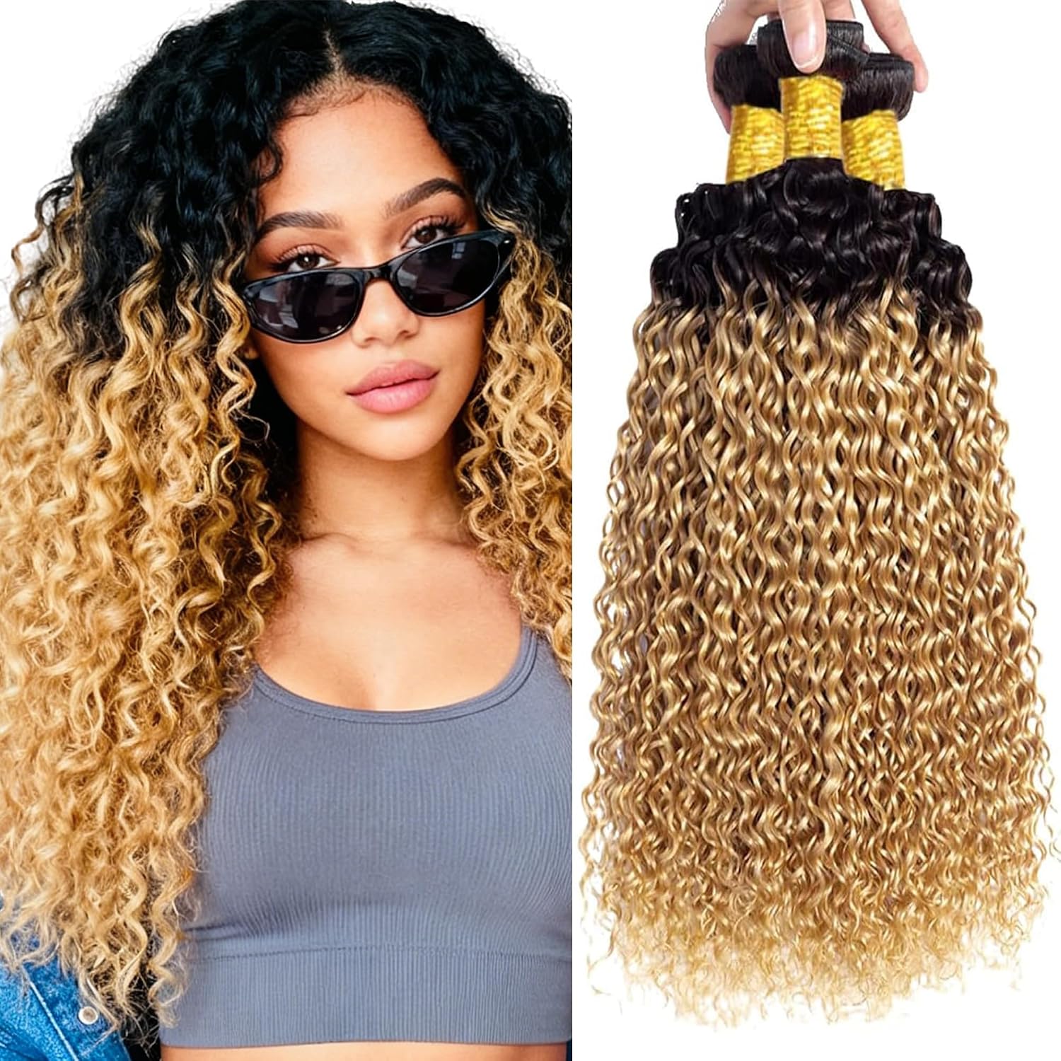 T1B/27 Ombre Curly Wave Bundles Human Hair 16 18 20 Inch Black to Honey Blonde 3 Bundles Human Hair Extensions Two Tone Color 150G