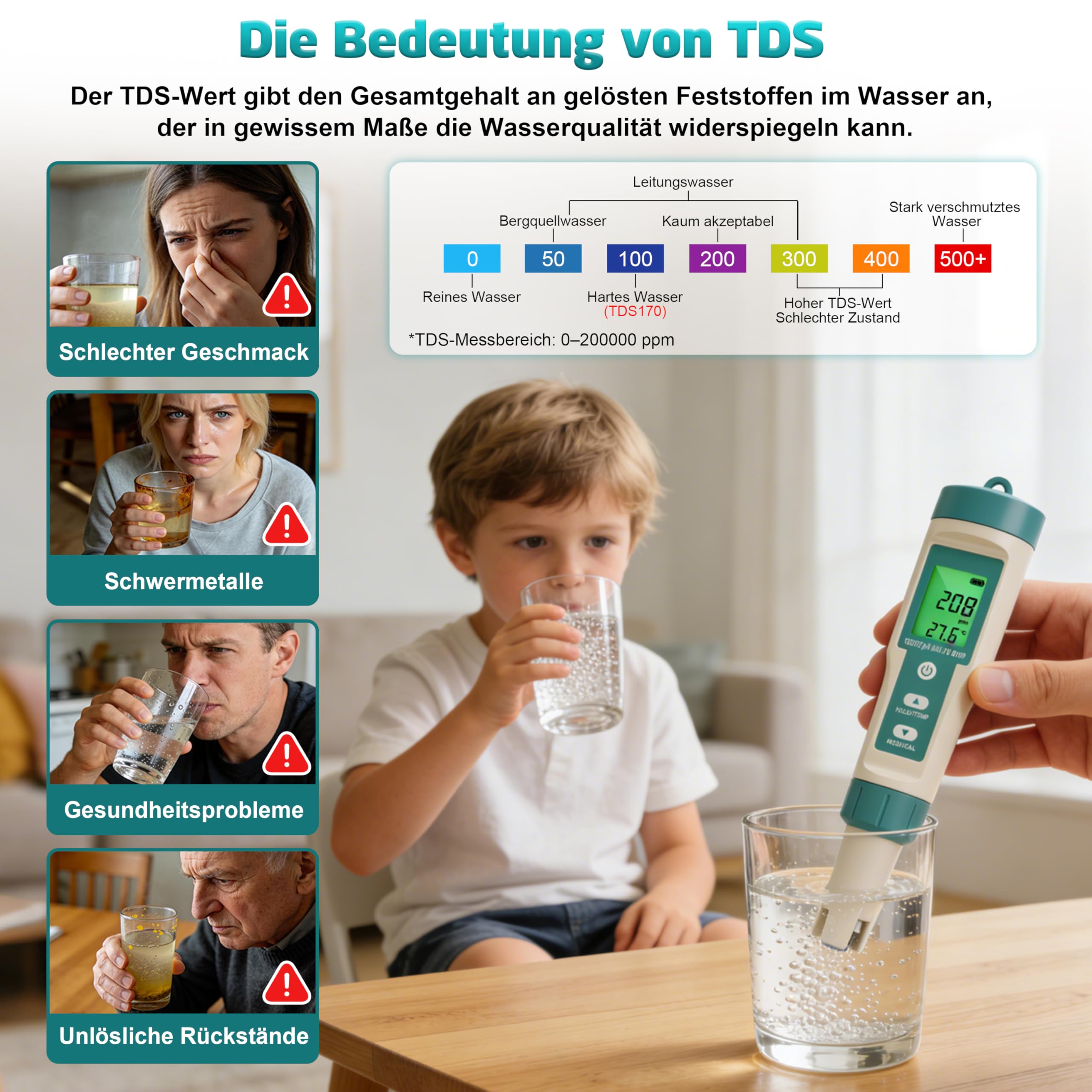 Digitaler Wasserqualität Tester, 8 in 1 PH Messgerät, misst pH ORP Salzgehalt TDS EC Temperatur für Pool Aquarium Hydroponik