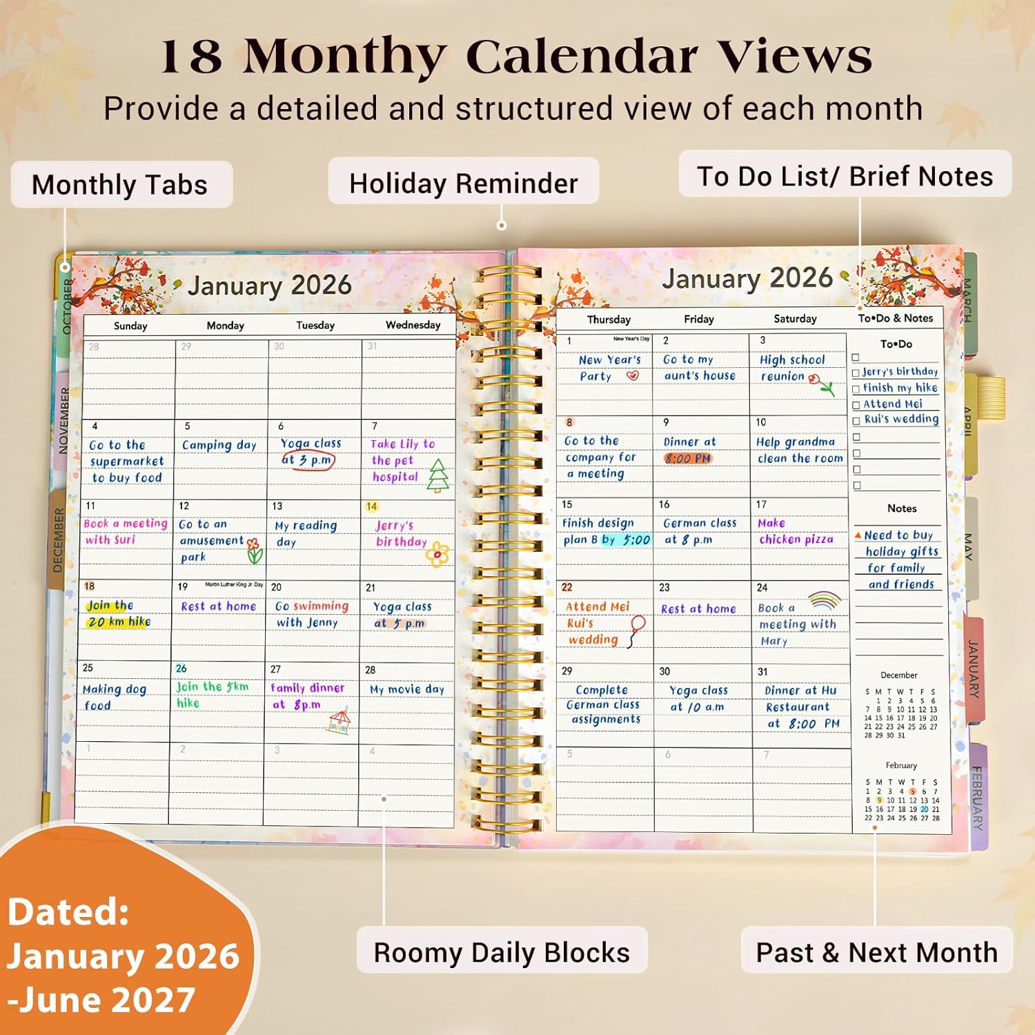 Planner 2026-2027, 18 Months Weekly and Monthly Daily Planner from January 2026 - June 2027, 5.75" x 8.38" A5 Hardcover Agenda Organizer Book 2026 with Tabs, Spiral Yearly Calendar Planners for School Work Home, Pink Blue Marble Pink Blue Marble A5