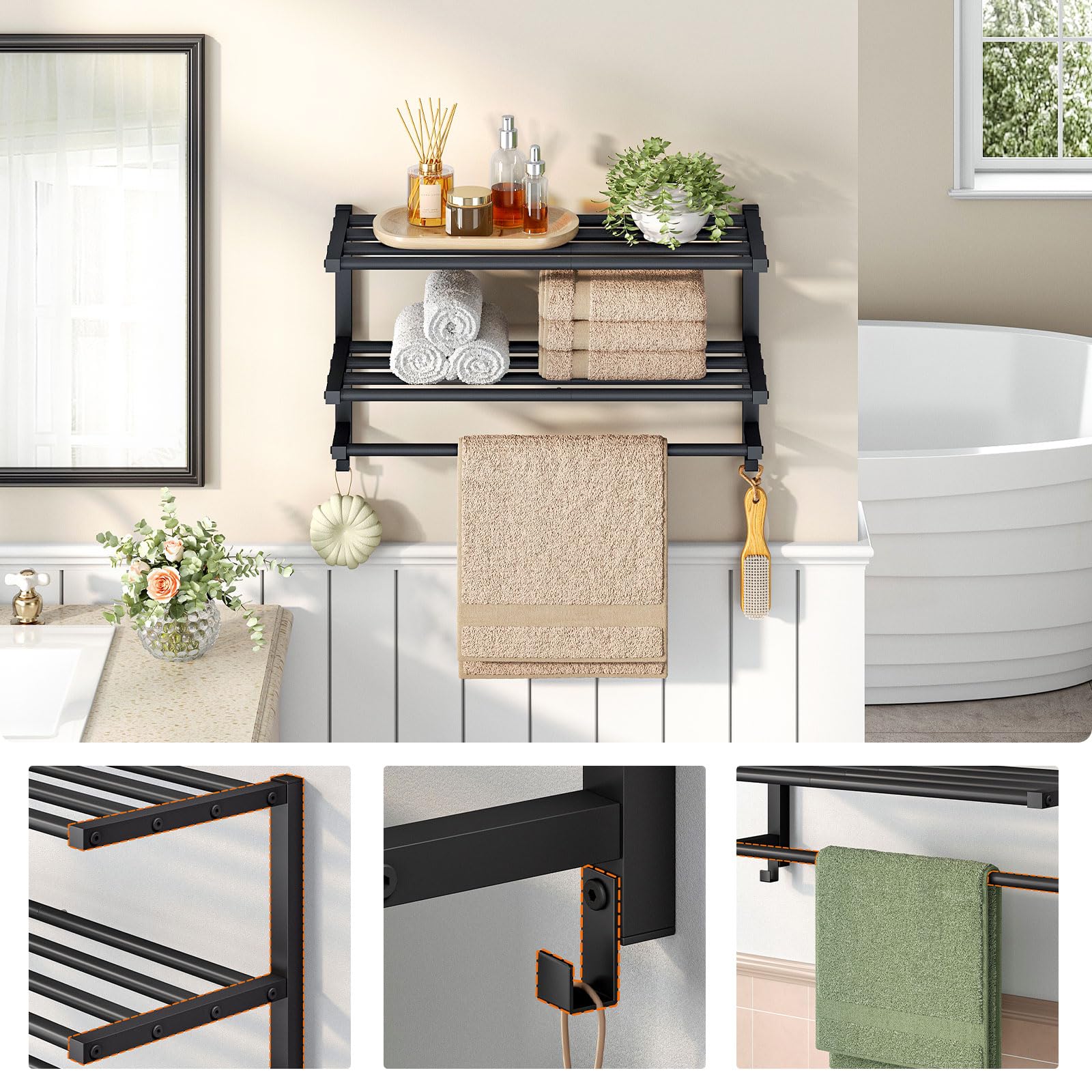Toallero de Pared de 3 Niveles con Ganchos, Estante Metálico de Baño, para Toallas y Objetos de Aseo, 60,5 x 21,5 x 38,5 cm, Negro EBK08LB01
