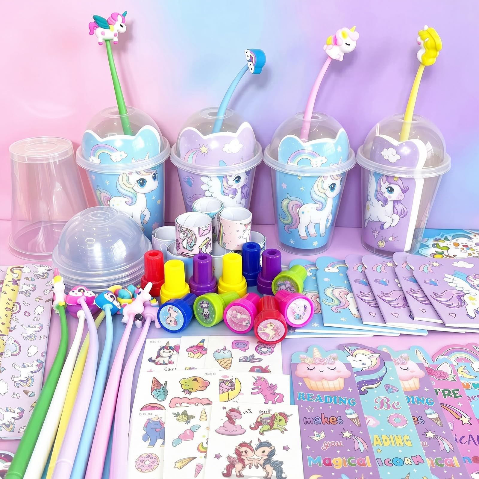 Mepmela Confezione da 24 sacchetti con unicorno, per feste di compleanno, set con coppe, mini quaderni, penne shaker per pignatta, regali in classe, premi, sacchetti regalo