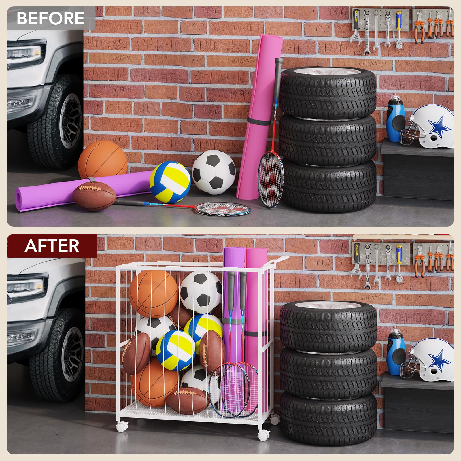 Homsorout Cesta de almacenamiento de bolas, carrito deportivo organizador de metal para garaje y gimnasio