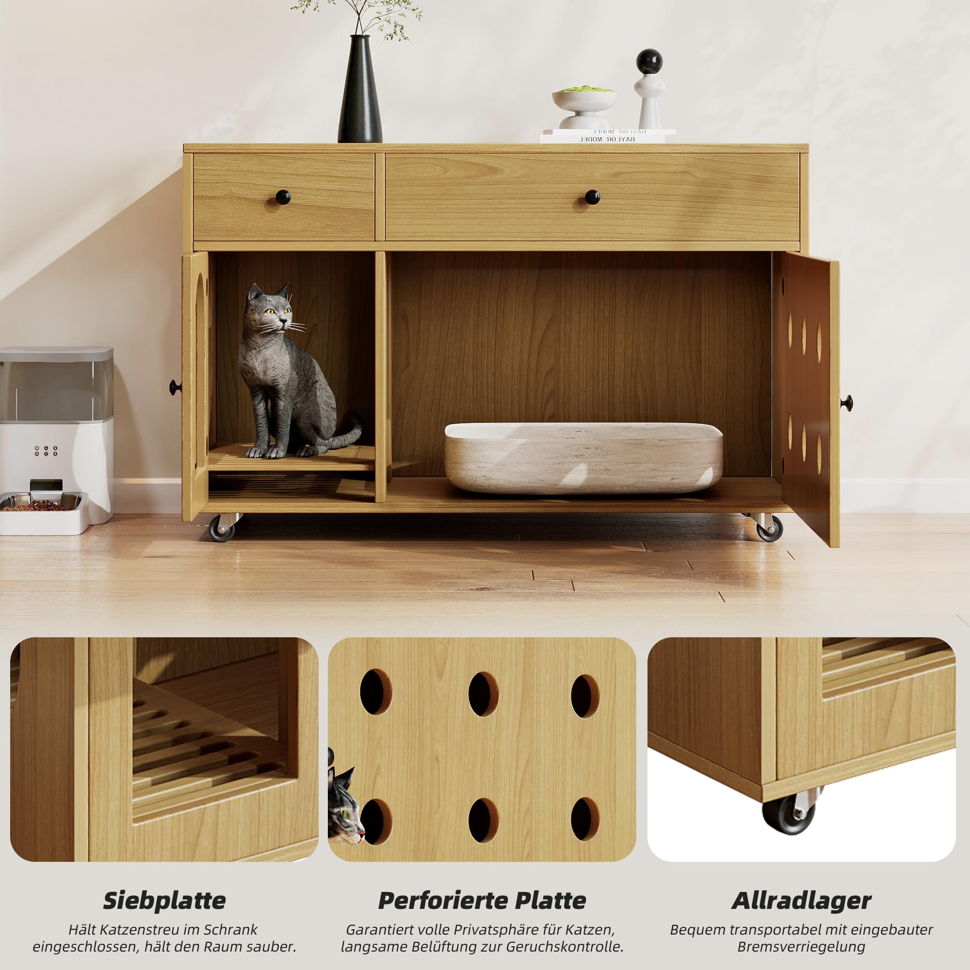 Katzenkloschrank (bewegliche Katzentoilette) – Katzenschrank/Katzenhaus mit abnehmbare Sandablassplatte, geruchsisoliert, ohne Katzenklo, 100×45×66 cm