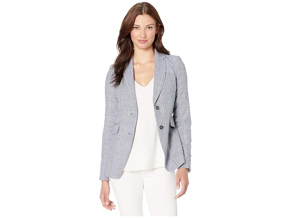 

Tommy Hilfiger Plaid Two-Button Linen Riding Jacket (Bay Blue Multi) Women's Clothing
