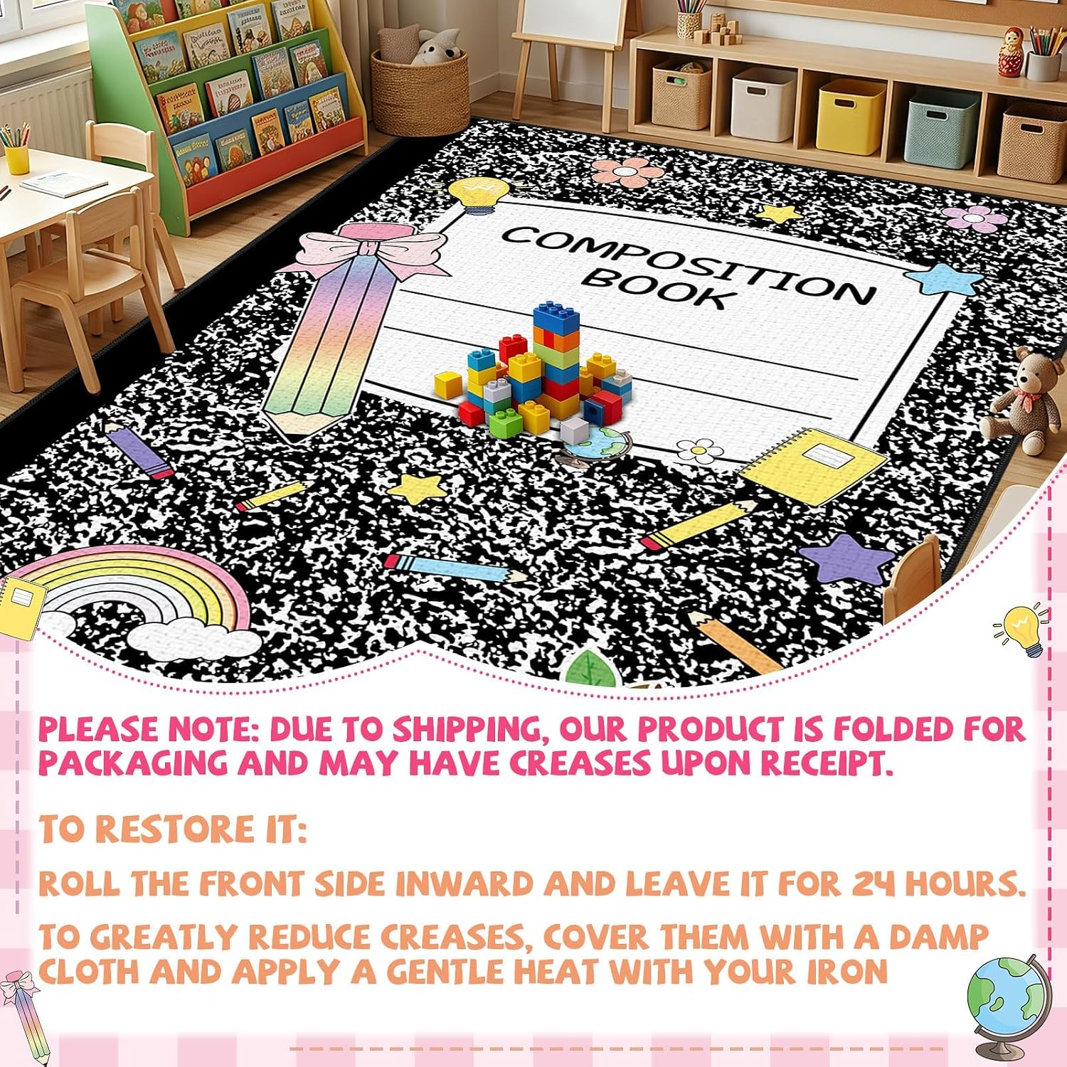 7.6x12 ft Large Composition Notebook Classroom Rug Black and White Educational Area Mat Composition Play Carpet Back to School Learning Mat for Preschool Nursery Kindergarten(Black White Notebook)