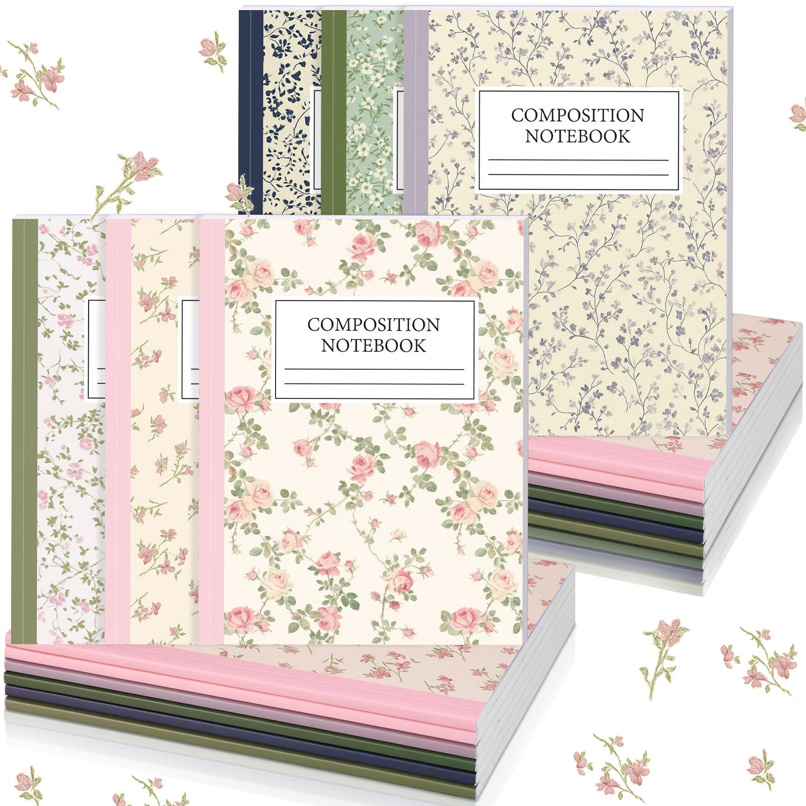 MotiMind 6 quaderni per composizione universitaria a righe di carta con fiori per il rientro a scuola, 110 pagine, 19 x 24 cm, diario regalo per il primo giorno di scuola, studenti e insegnanti