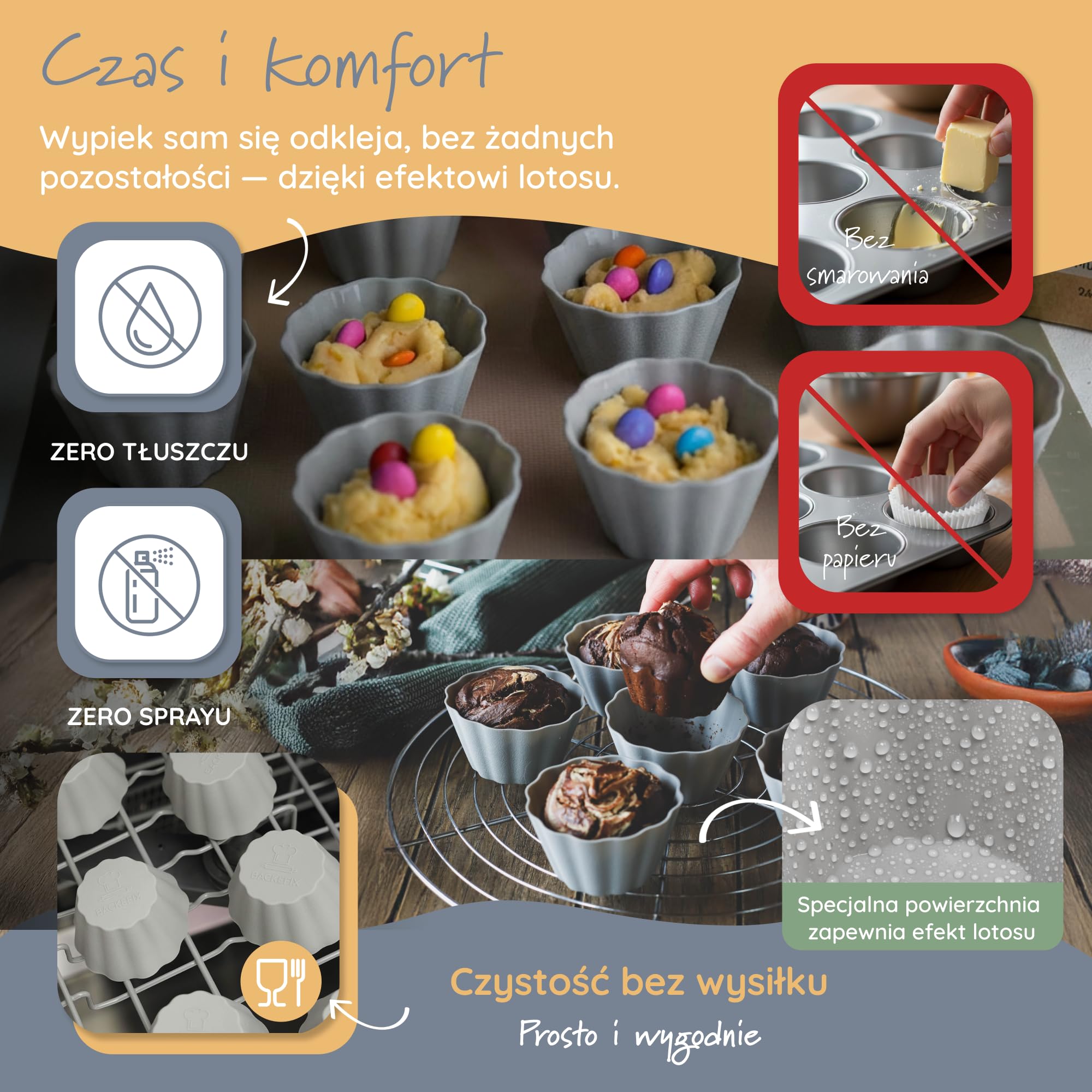 Backefix silikonowe foremki do muffinek zestaw – 24 szt., szare (Ø 6 cm) – nieprzywierające, platynowy silikon, do zmywarki, bez BPA i PFAS – do muffinów, cupcakes, deserów, ciastek