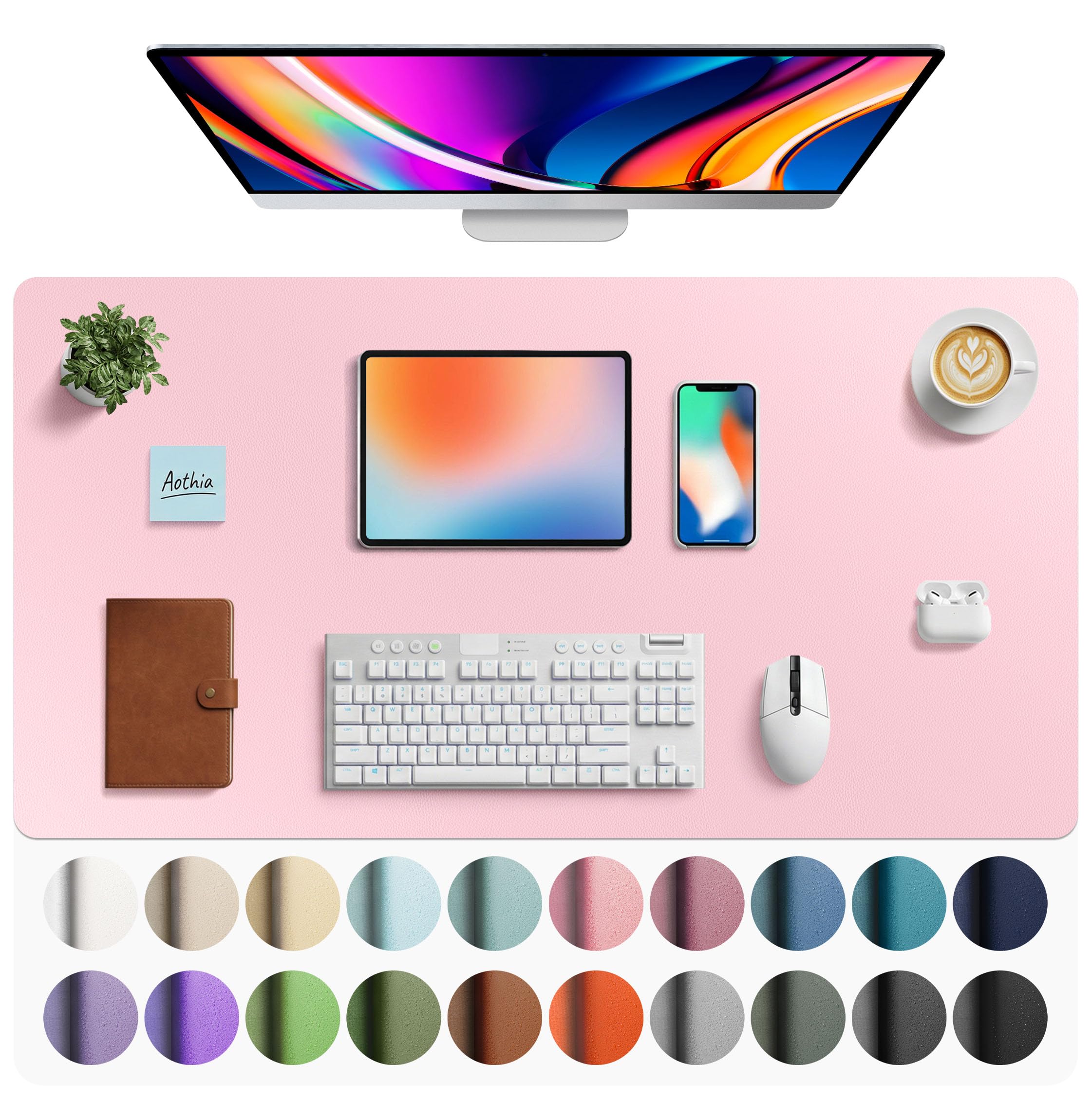 Aothia Faux Leather Desk Mat - Large Mouse Pad, Non-Slip PU Leather Blotter, Waterproof Writing Surface for Office and Home (Fairy Pink, 40" x 24")