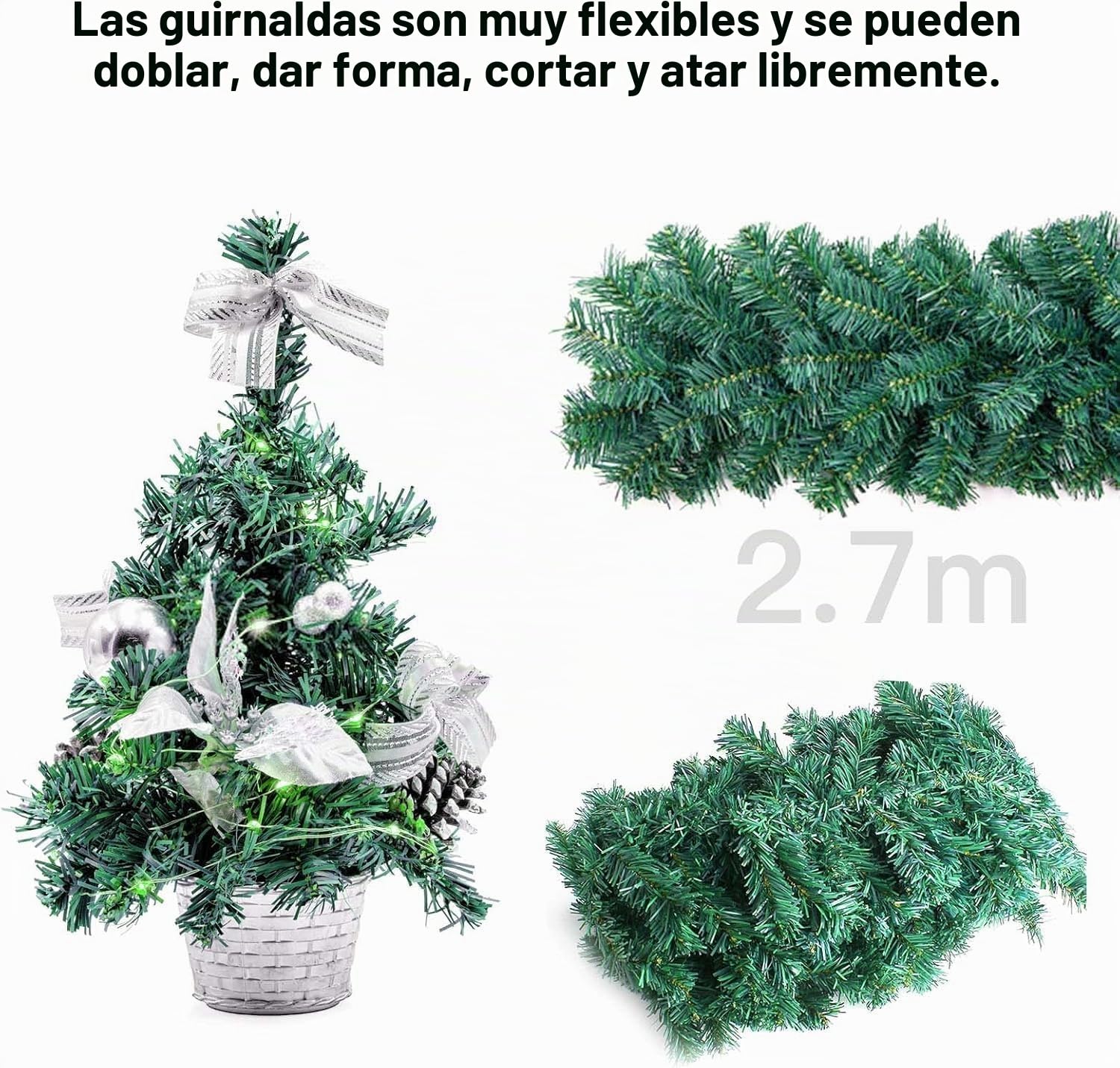 Guirnalda Navidad Verde 2,7 Metros Flexible y Resistente, sin luz, Apta Luces LED, moldeable DIY para Interior Exterior Chimenea, barandilla, Puerta, Ventana, árbol, decoración (3, 2,7M 250 Puntas)