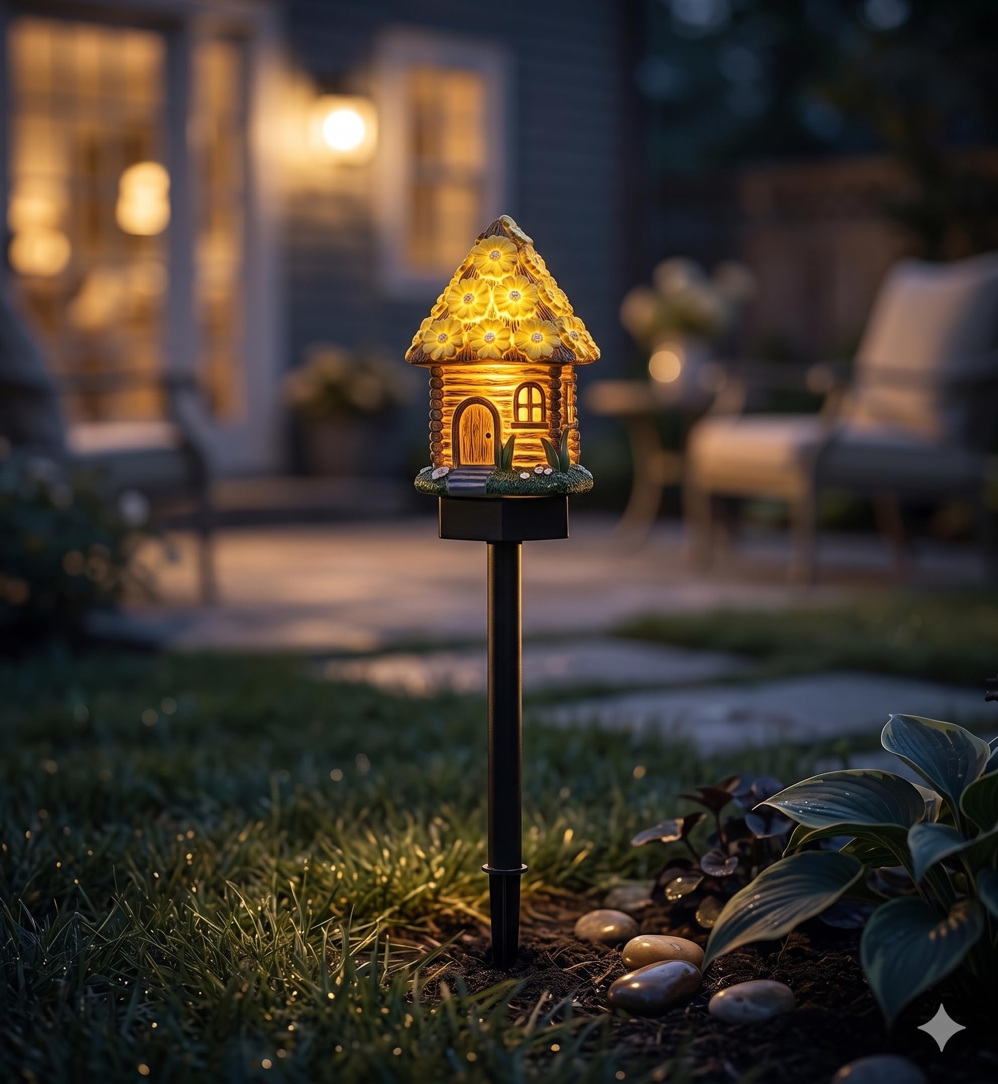 Solar Fairy-Tale Mushroom Cottage Garden Light,Auto Solar Power Mushroom Whimsical Resin Fairy House Stake,Water-Resistant Resin LED Decor with Auto On at Dusk for Flower Beds,Patio and Yard